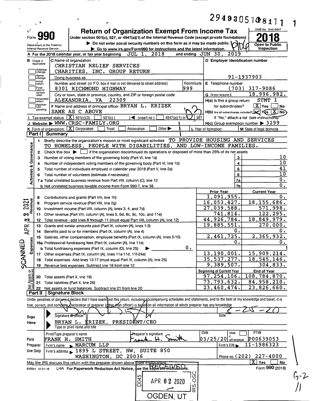 Image of first page of 2018 Form 990 for Christian Relief Services Charities Group Return