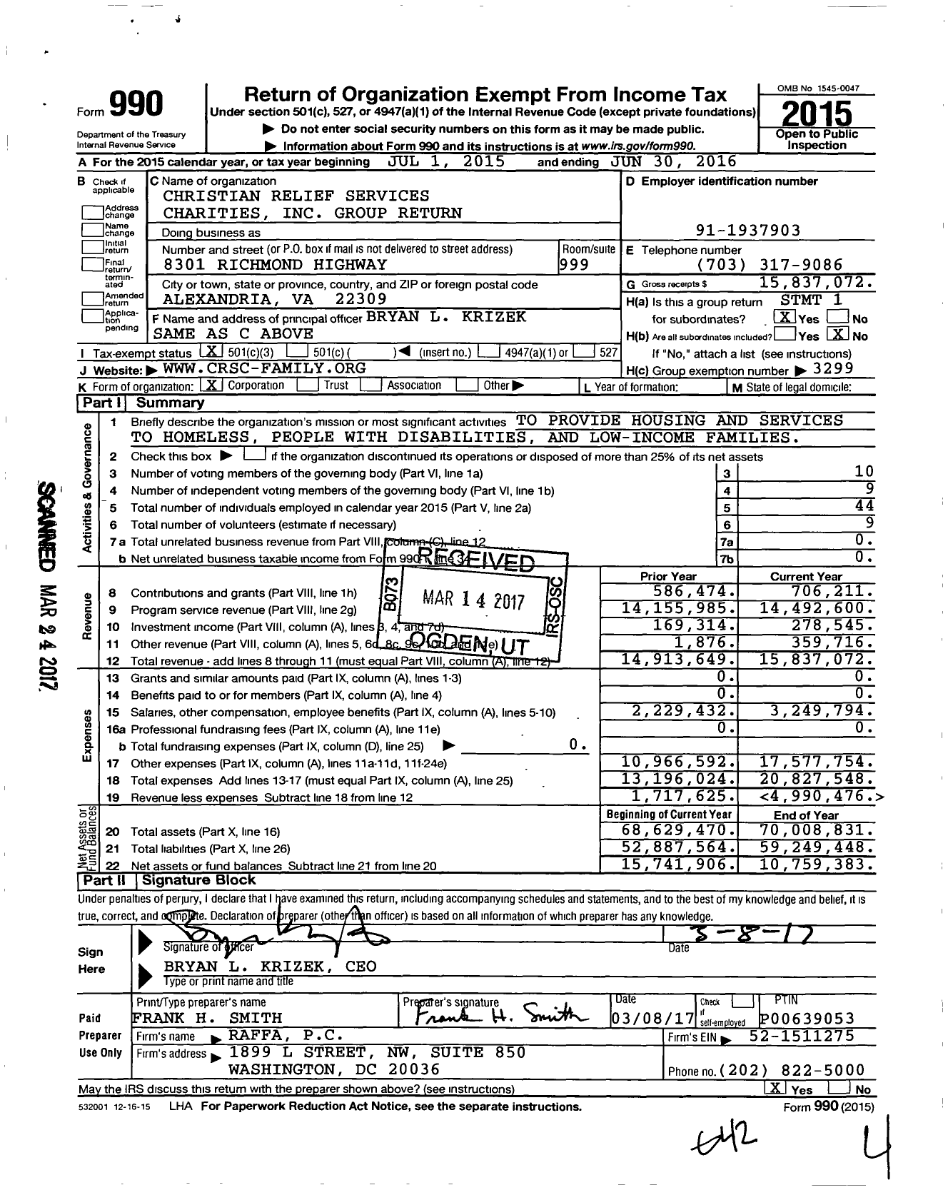 Image of first page of 2015 Form 990 for Christian Relief Services Charities Group Return