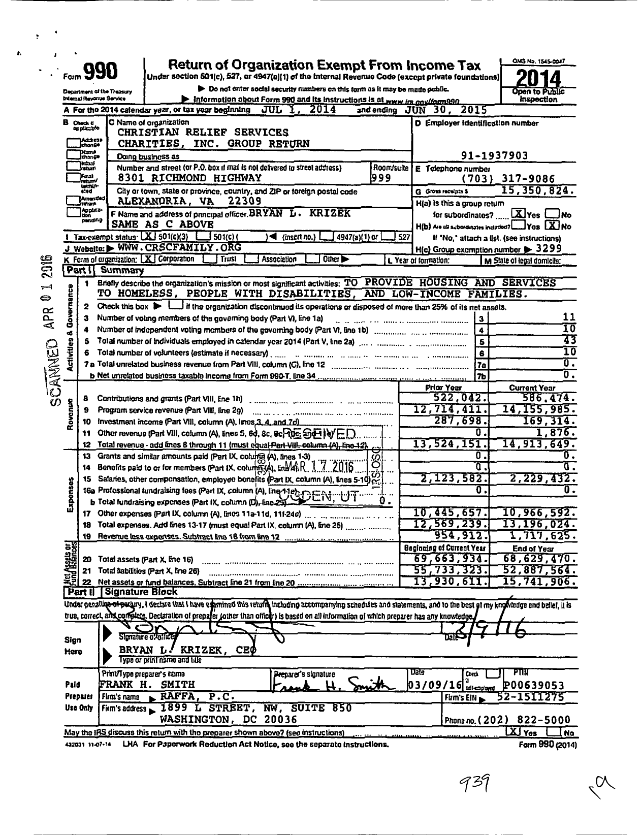 Image of first page of 2014 Form 990 for Christian Relief Services Charities Group Return