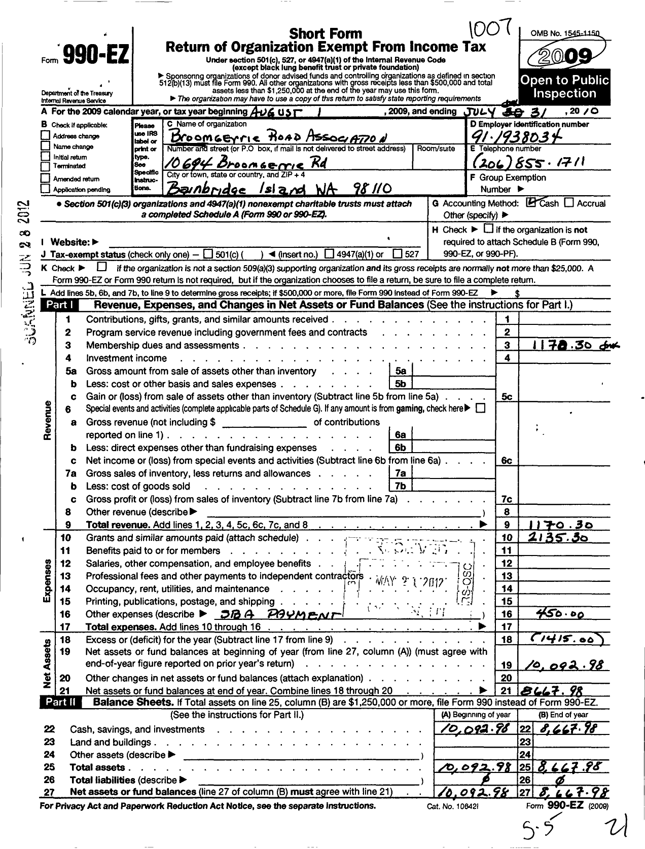 Image of first page of 2009 Form 990EO for Broomgerrie Road Association