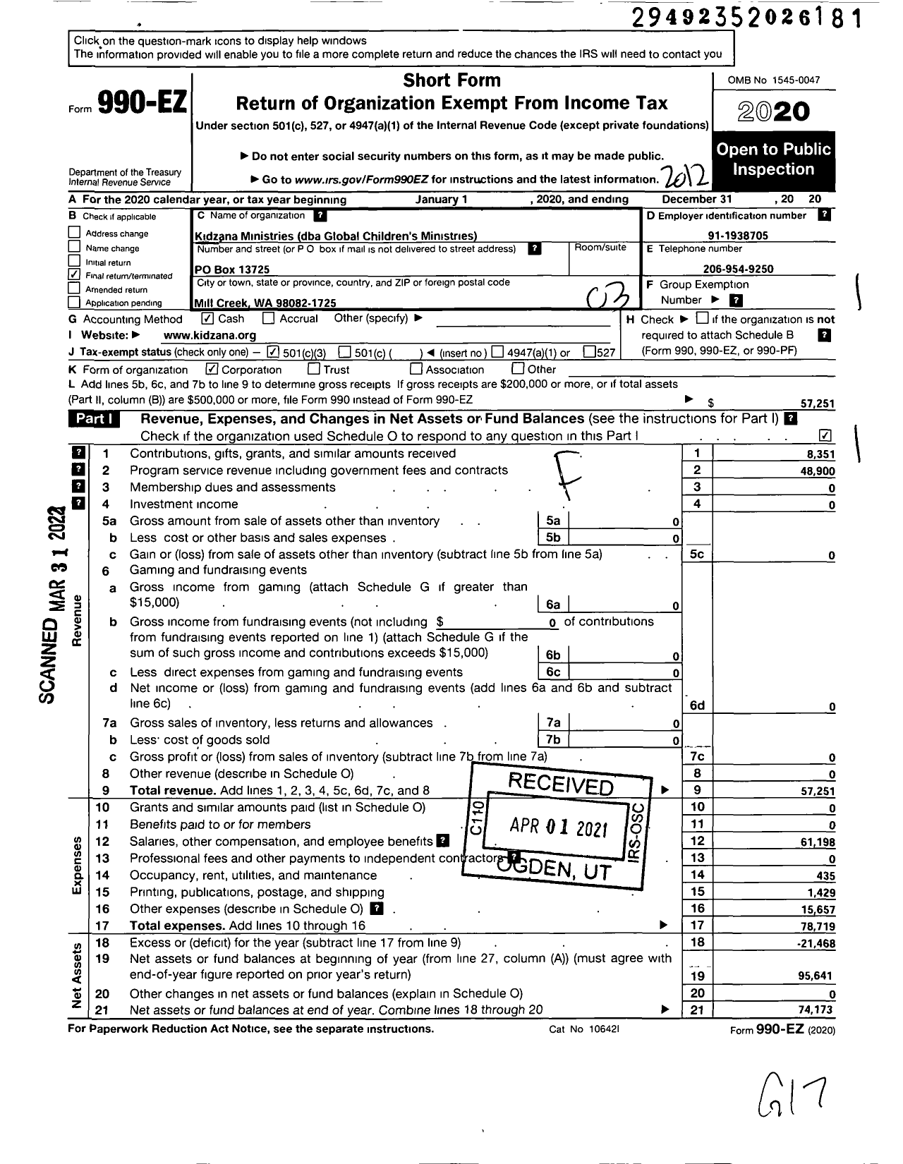 Image of first page of 2020 Form 990EZ for Kidzana Ministries