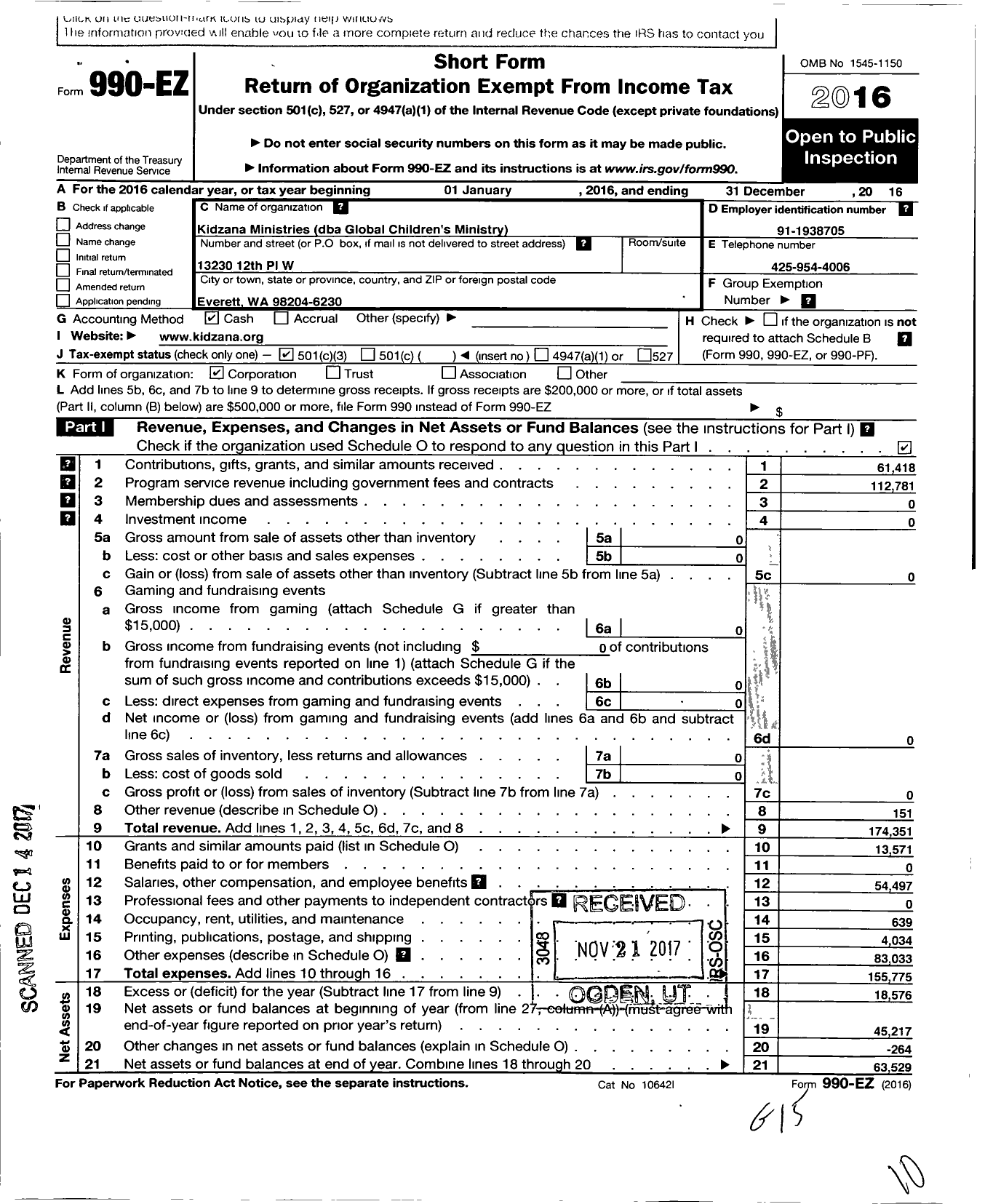 Image of first page of 2016 Form 990EZ for Kidzana Ministries