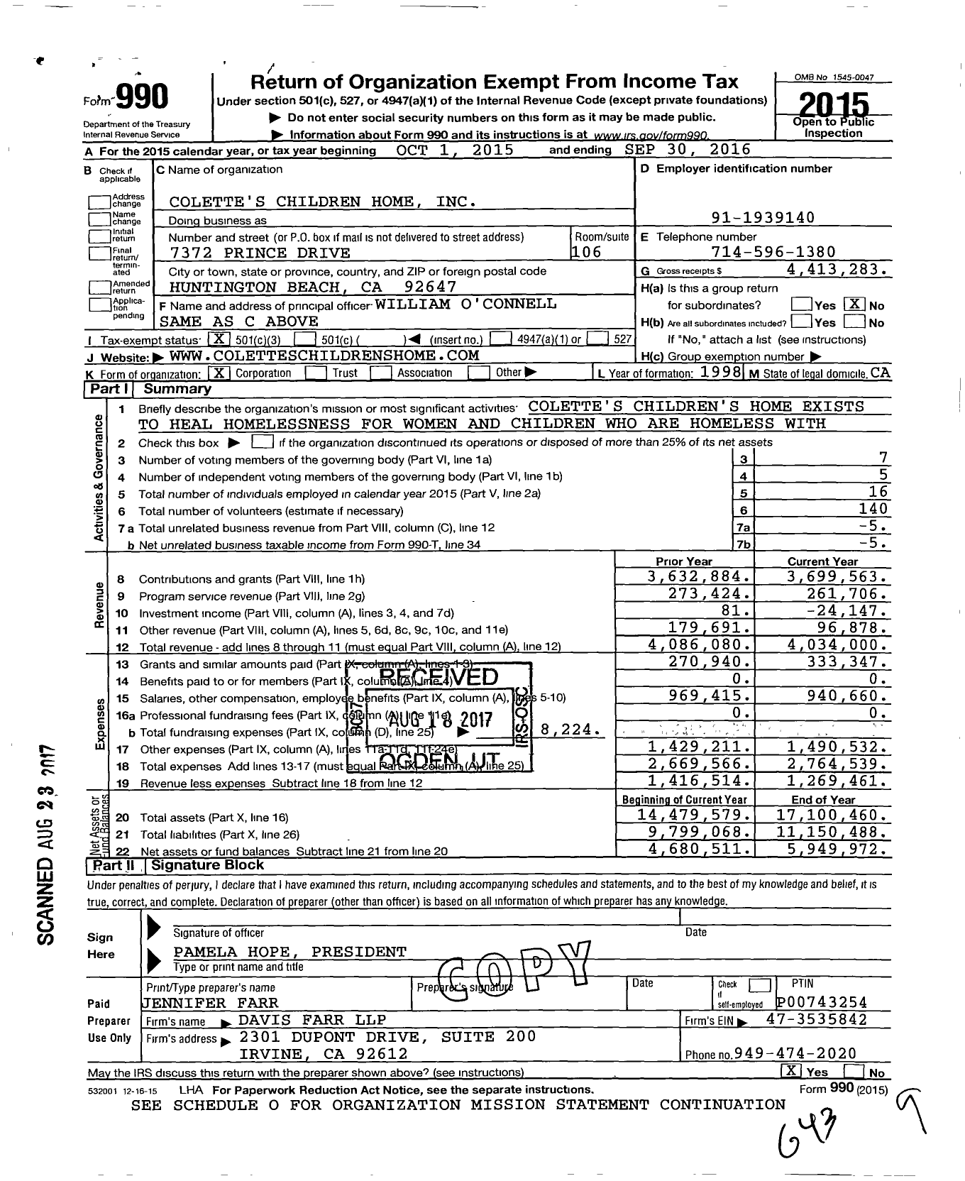 Image of first page of 2015 Form 990 for Colette's Children's Home