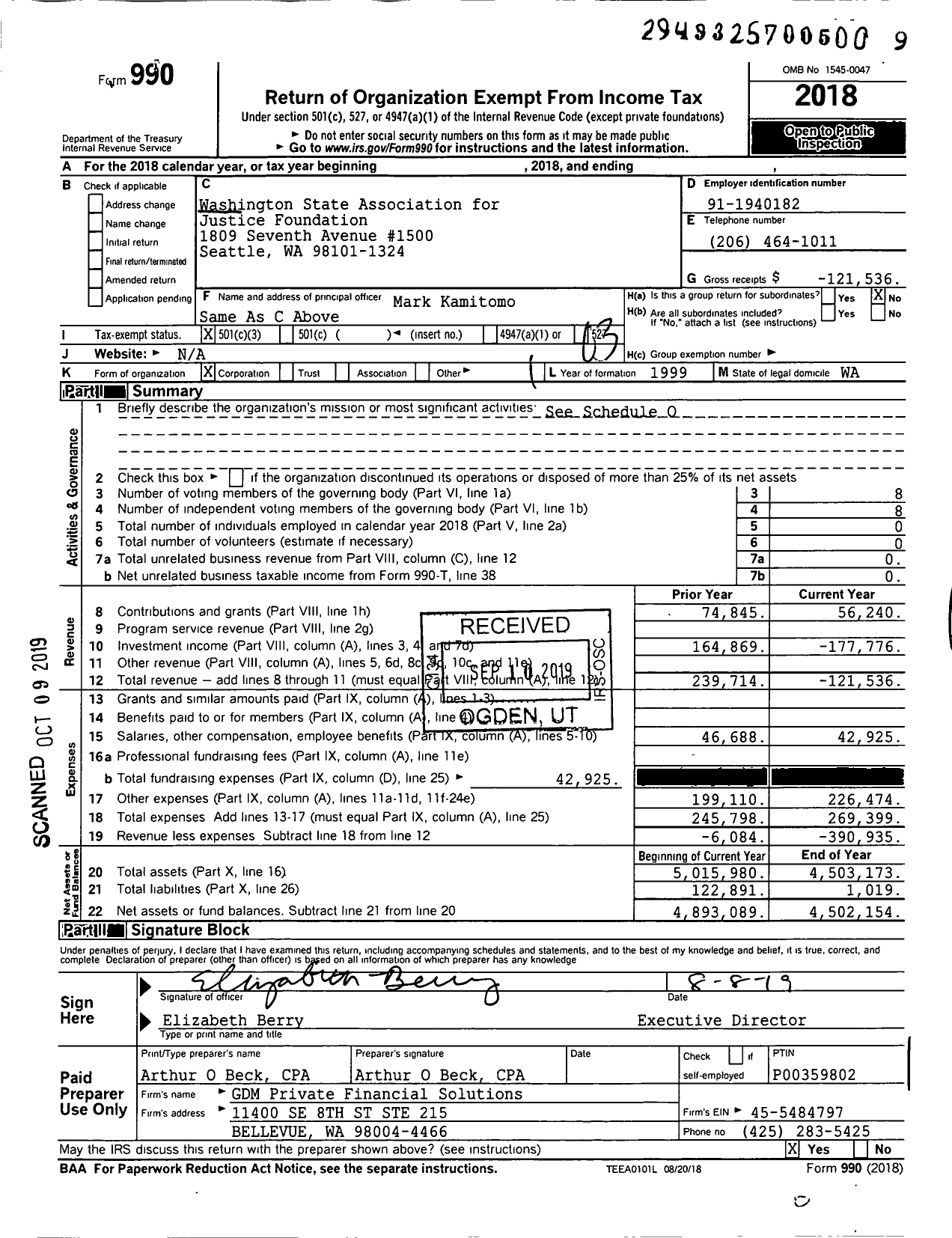 Image of first page of 2018 Form 990 for Washington State Association for Justice Foundation