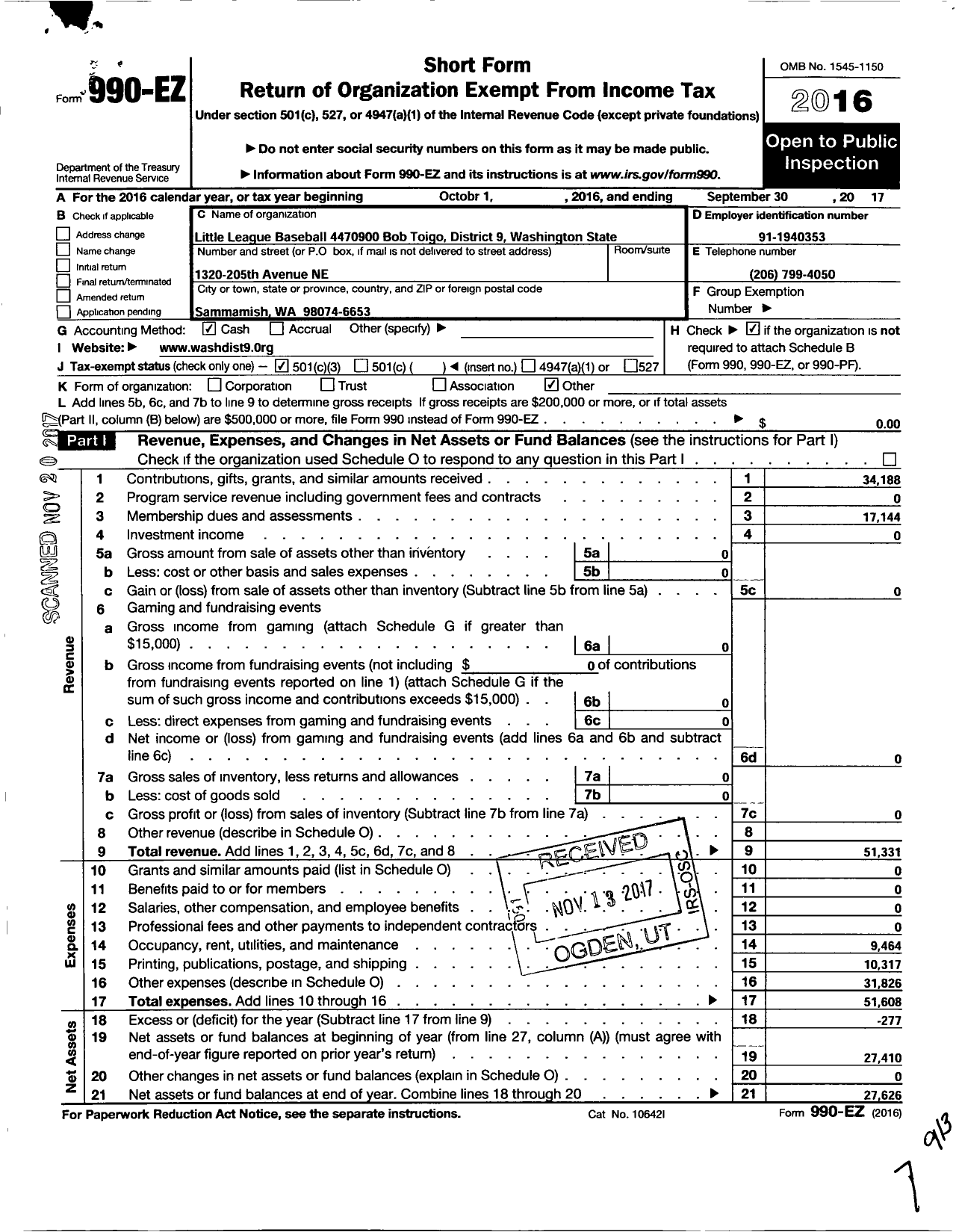 Image of first page of 2016 Form 990EZ for Little League Baseball - 4470900 Bob Toigo