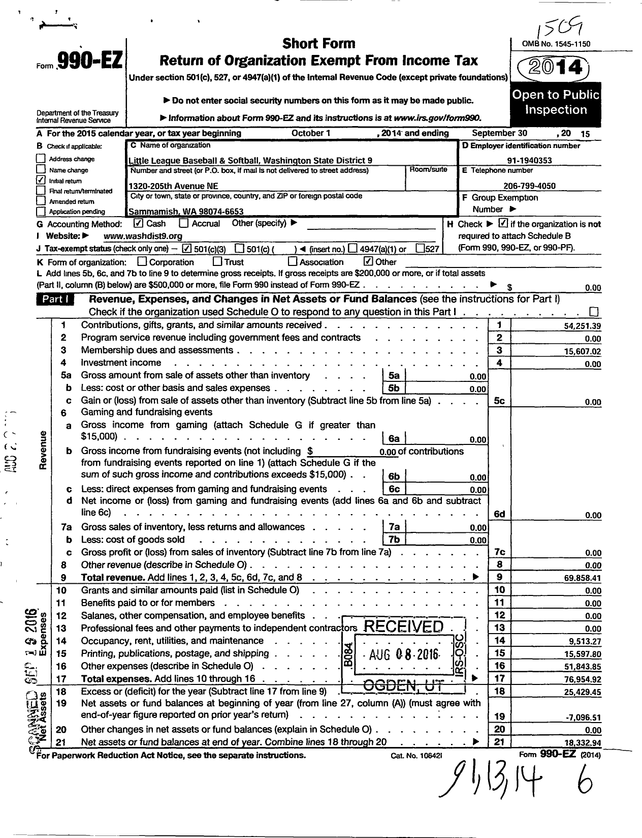 Image of first page of 2014 Form 990EZ for Little League Baseball - 4470900 Bob Toigo