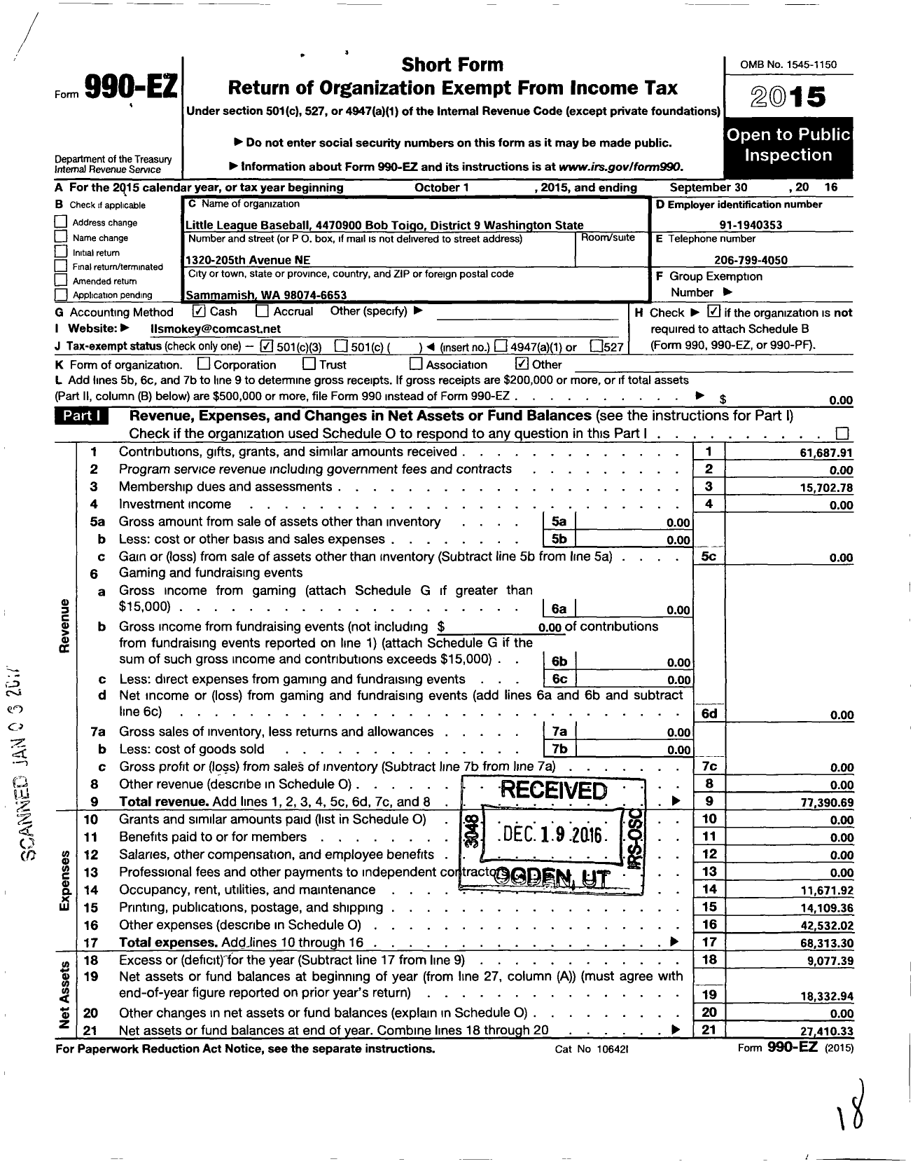 Image of first page of 2015 Form 990EZ for Little League Baseball - 4470900 Bob Toigo