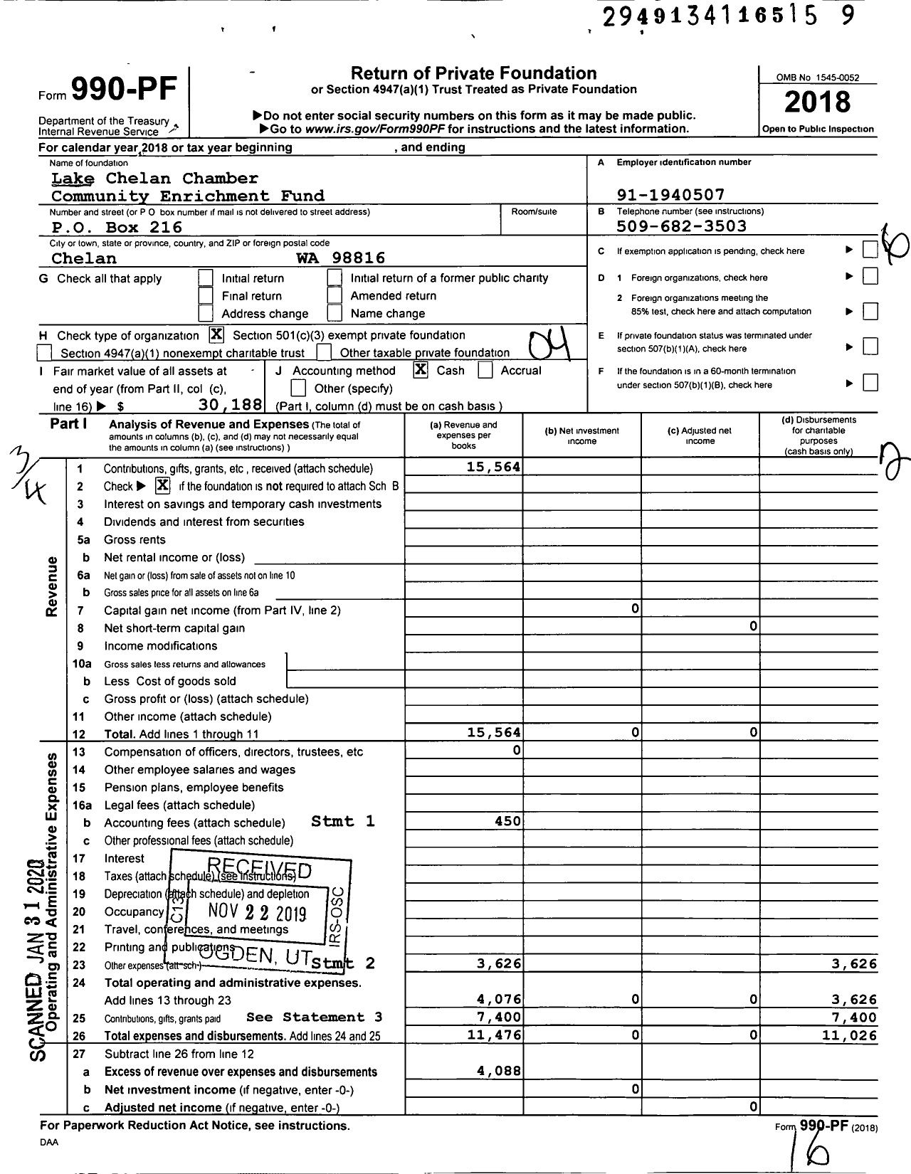 Image of first page of 2018 Form 990EZ for Lake Chelan Chamber Community Enrichment Fund