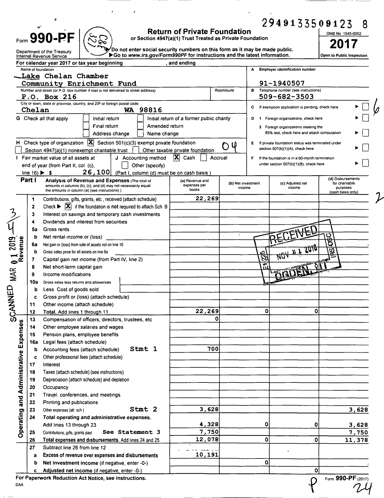 Image of first page of 2017 Form 990PF for Lake Chelan Chamber Community Enrichment Fund