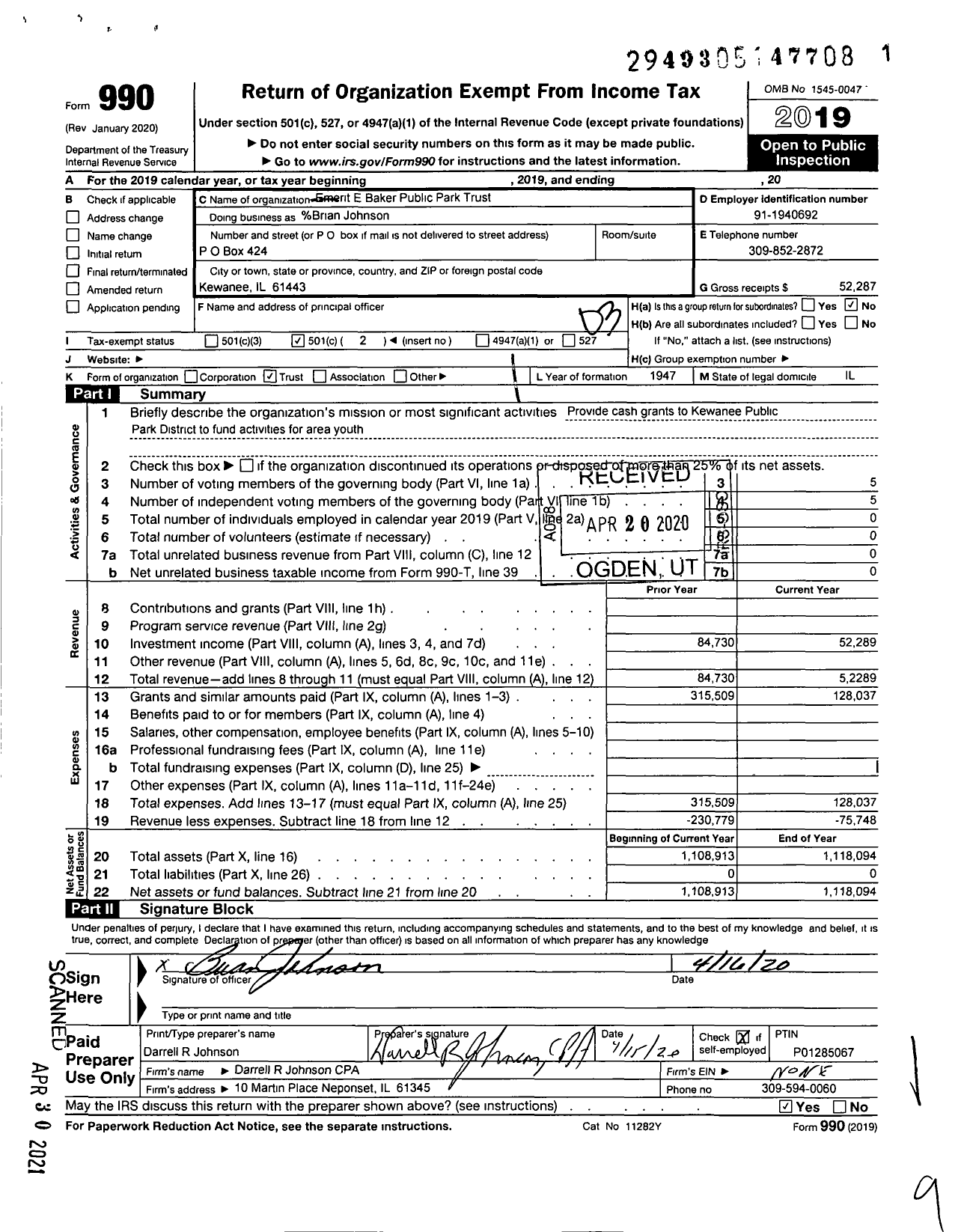 Image of first page of 2019 Form 990 for Emerit E Baker Public Park Trust