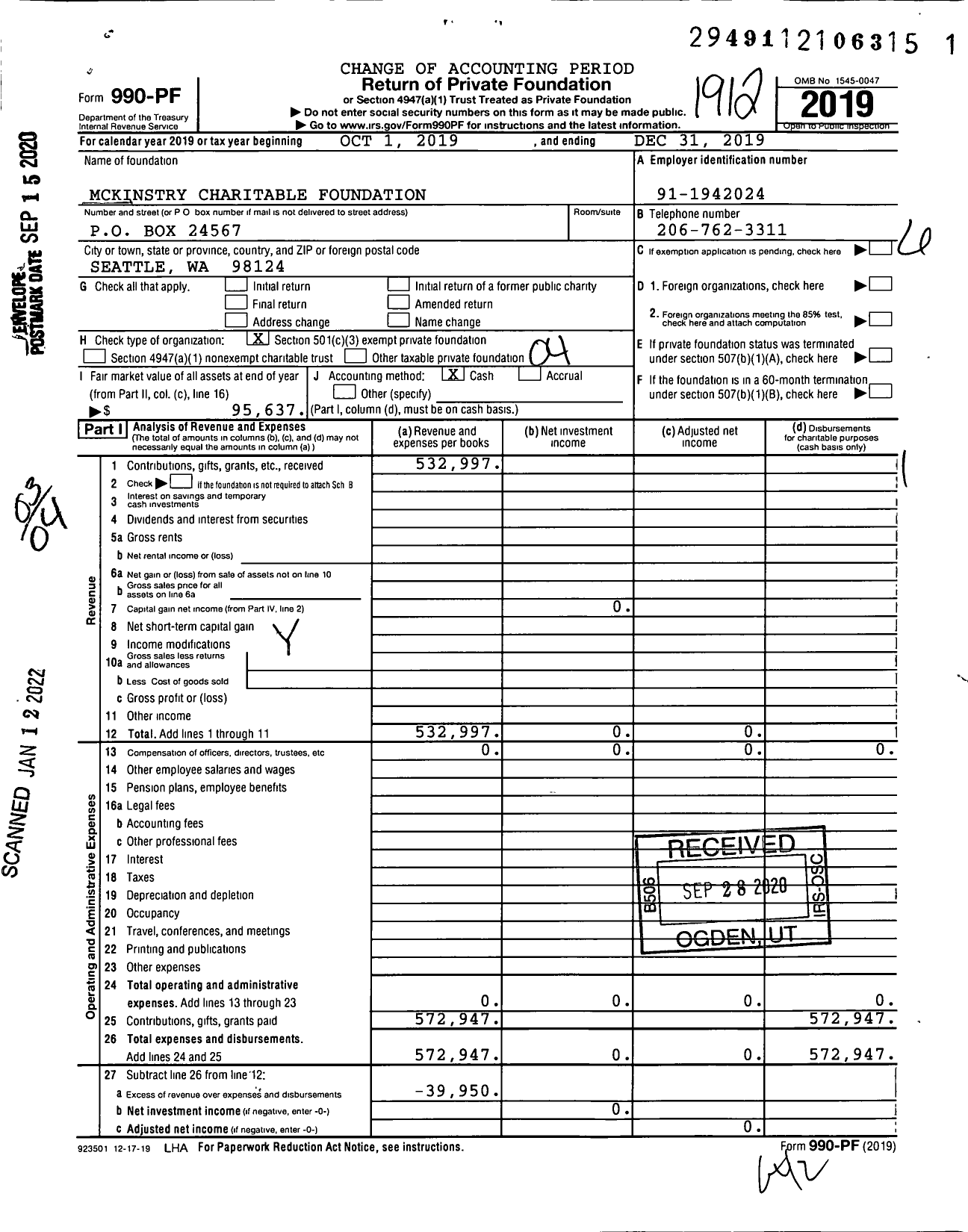 Image of first page of 2019 Form 990PF for Mckinstry Charitable Foundation