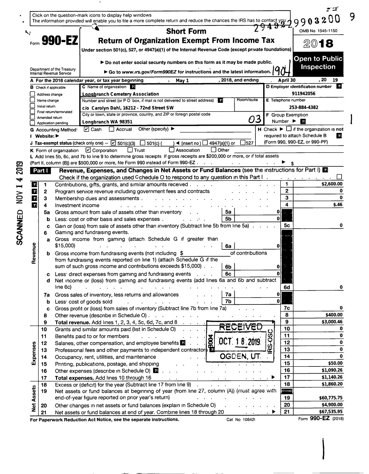 Image of first page of 2018 Form 990EZ for Longbranch Cemetary Association