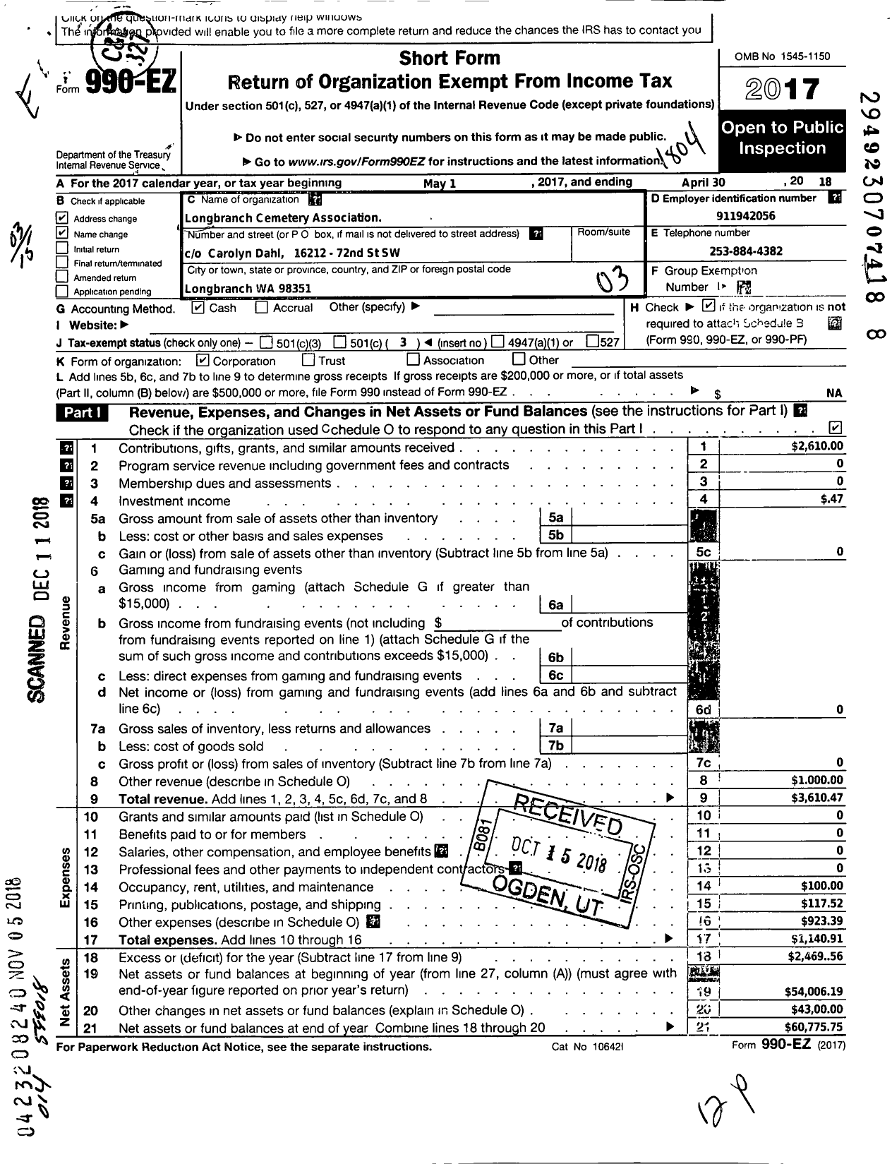 Image of first page of 2017 Form 990EZ for Longbranch Cemetary Association