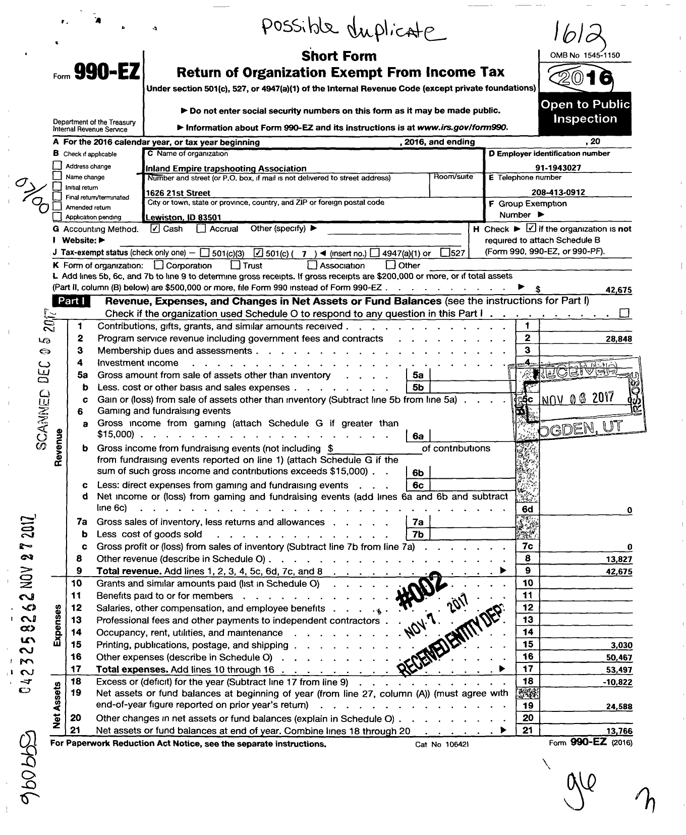 Image of first page of 2016 Form 990EO for Inland Empire Trapshooting Association