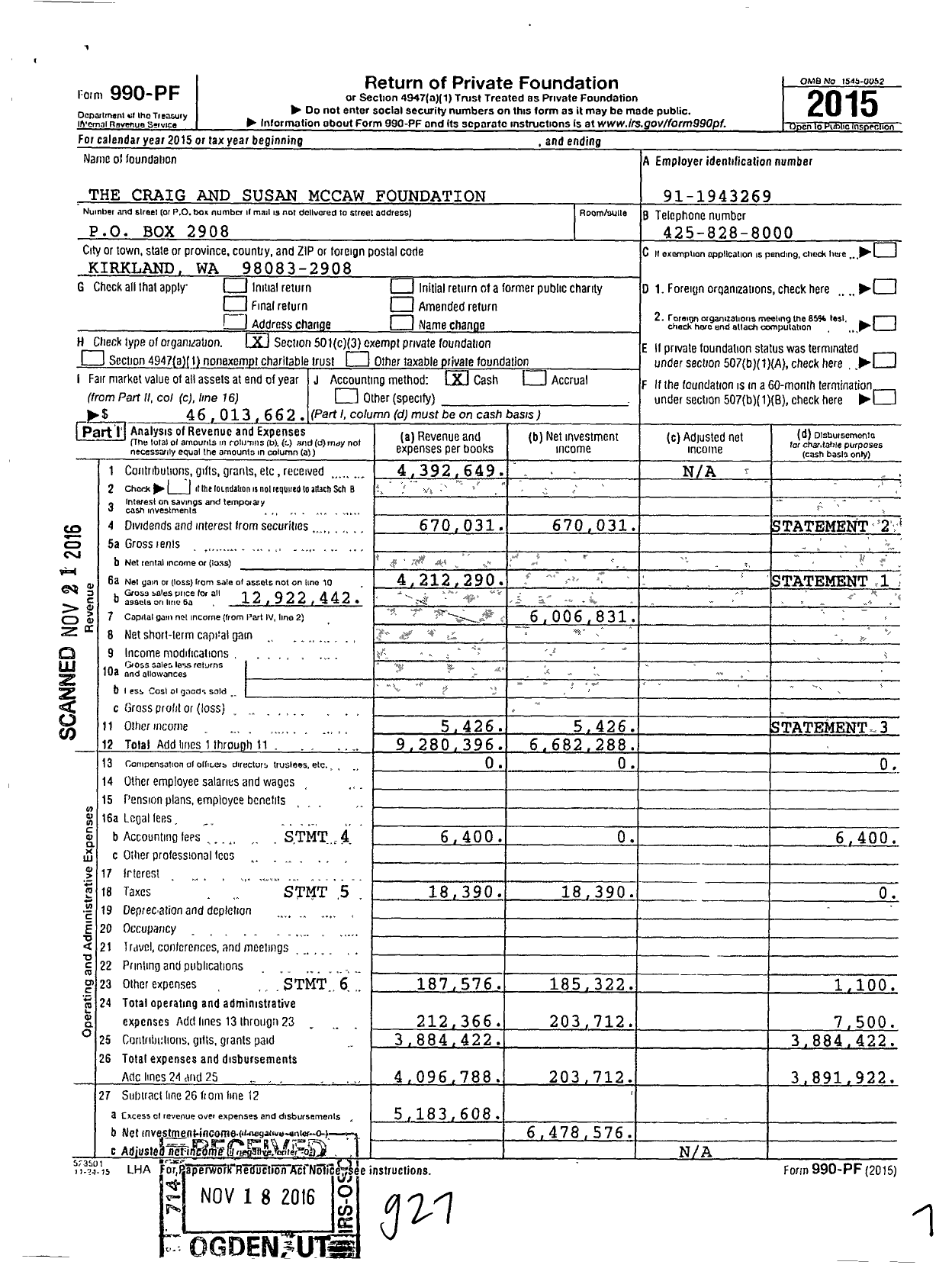 Image of first page of 2015 Form 990PF for The Com Family Foundation