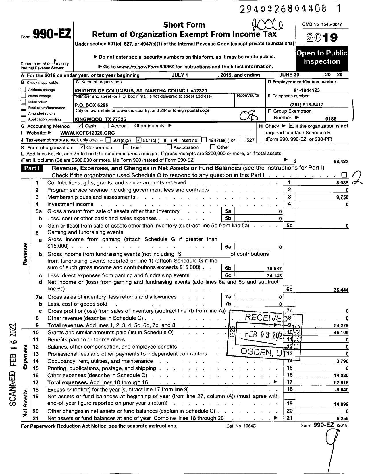 Image of first page of 2019 Form 990EO for Knights of Columbus - 12320 St Marthas Council