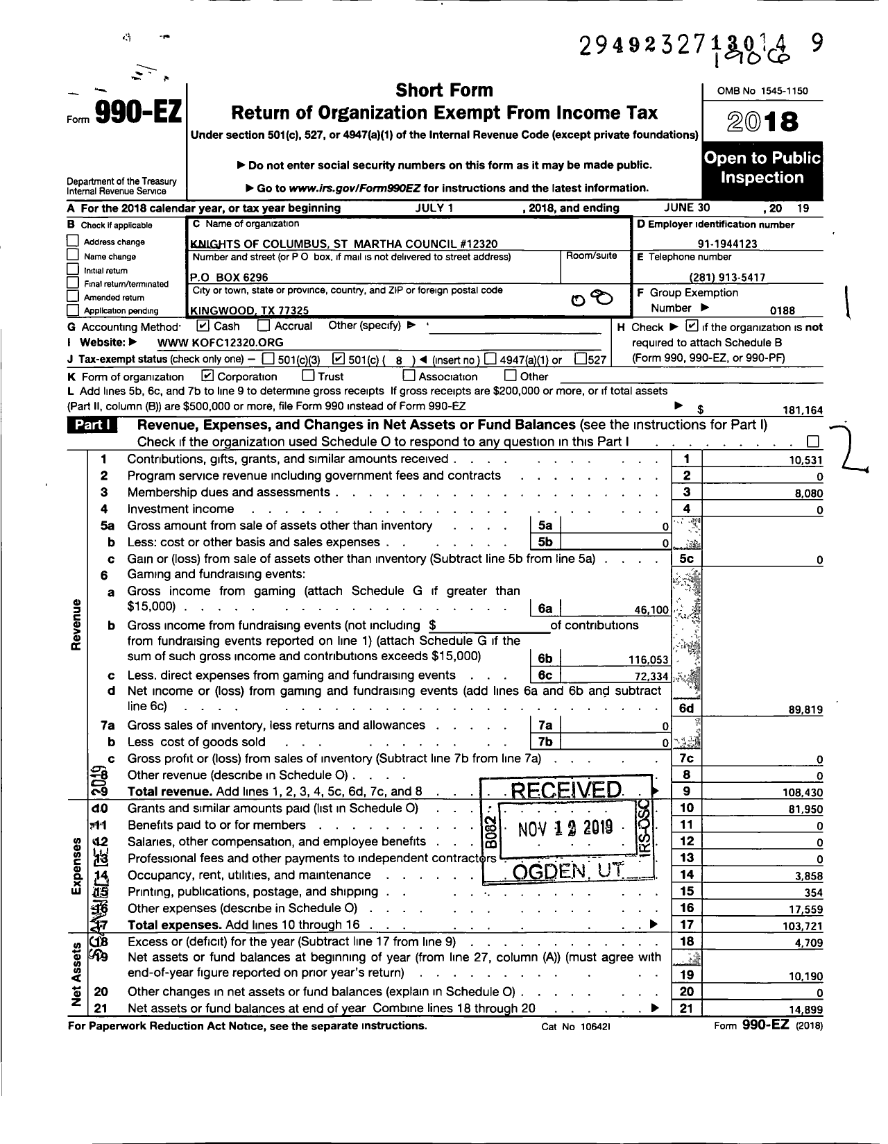 Image of first page of 2018 Form 990EO for Knights of Columbus - 12320 St Marthas Council