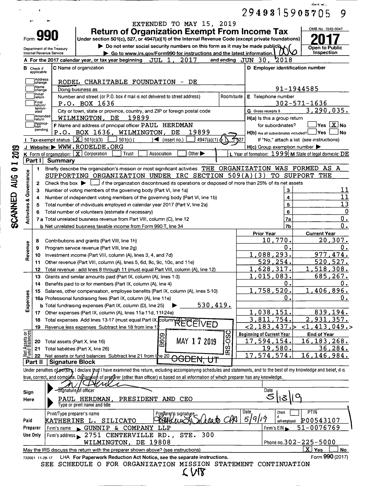 Image of first page of 2017 Form 990 for Rodel Charitable Foundation - De