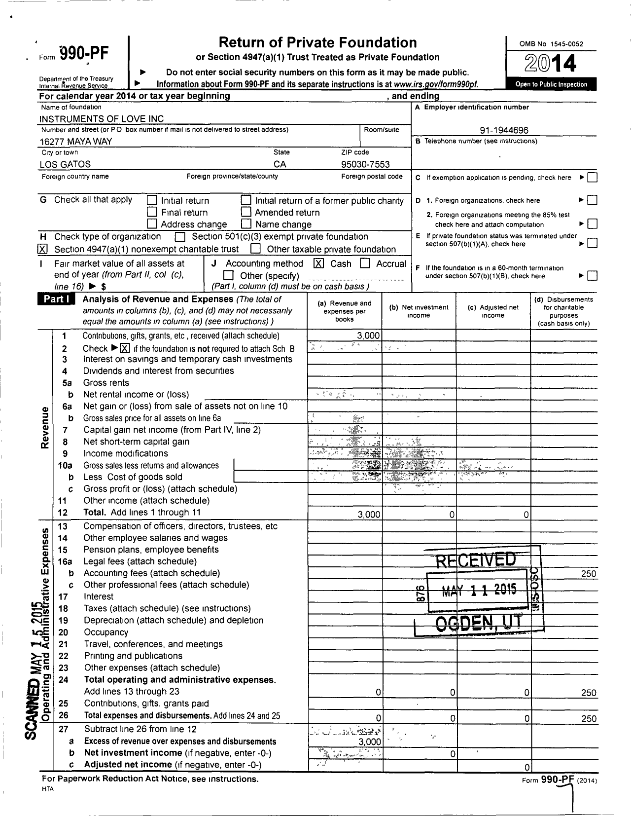 Image of first page of 2014 Form 990PF for Instruments of Love