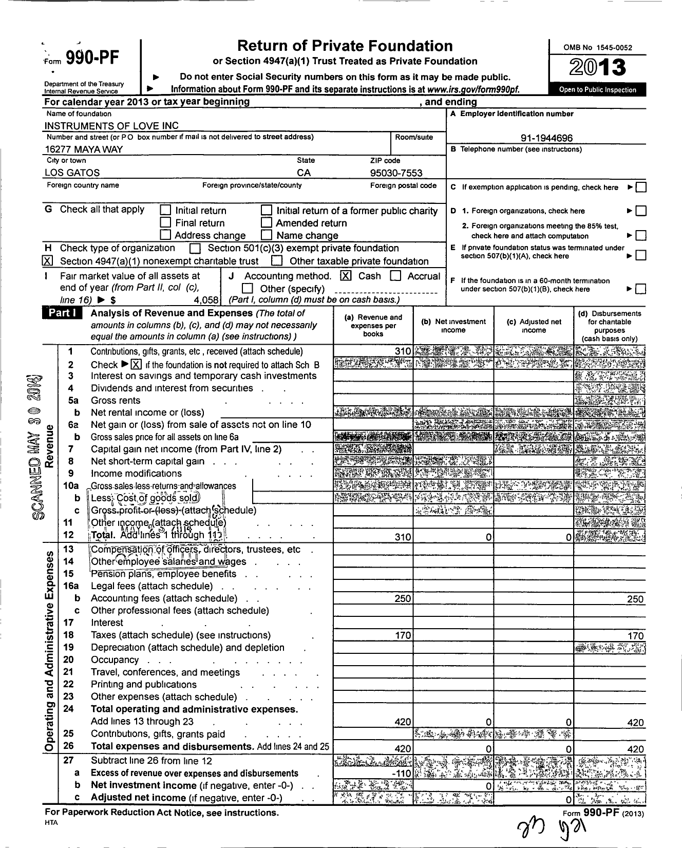 Image of first page of 2013 Form 990PF for Instruments of Love