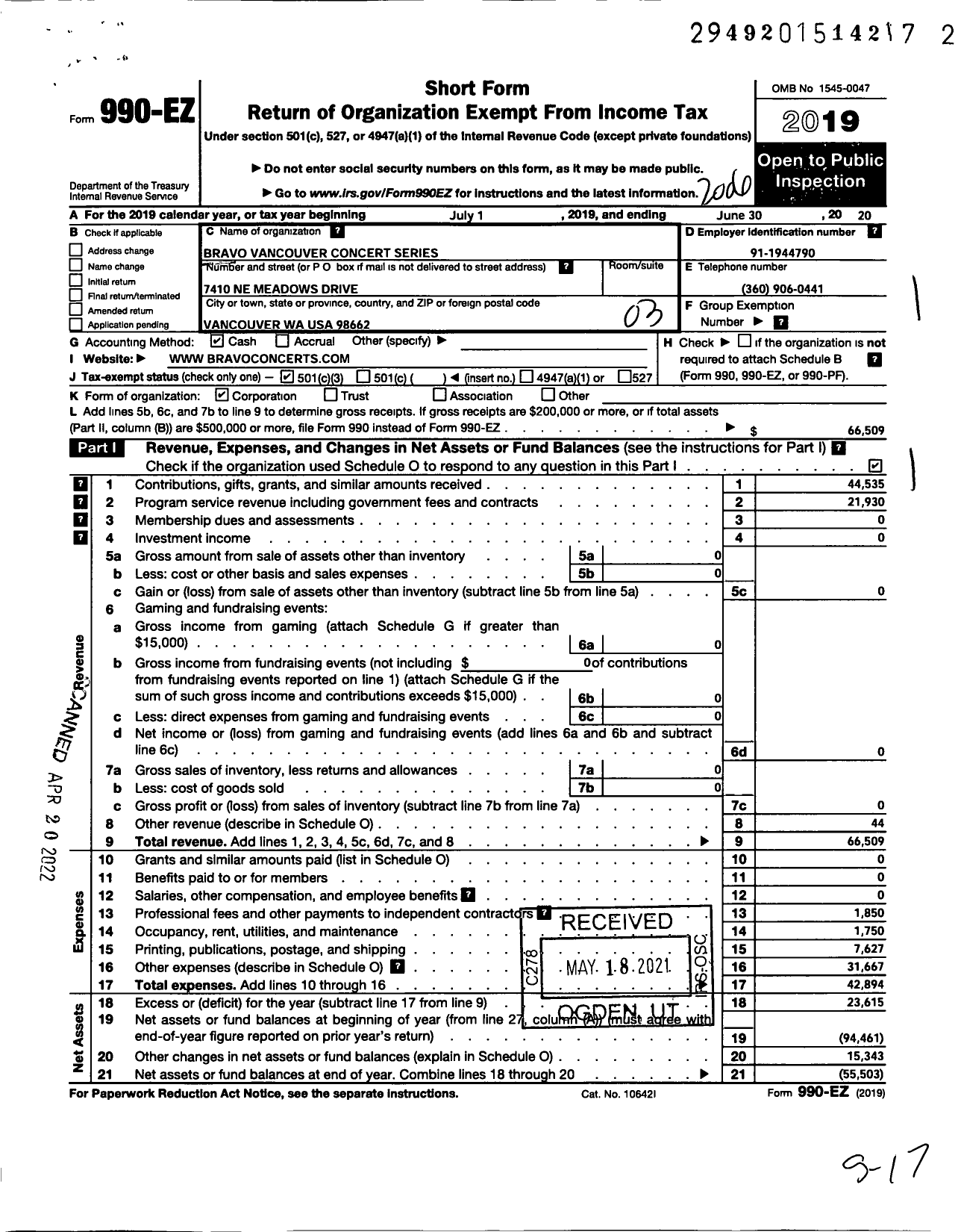 Image of first page of 2019 Form 990EZ for Bravo Concerts Northwest Vancouver Wine & Jazz Festival Bravo Concerts