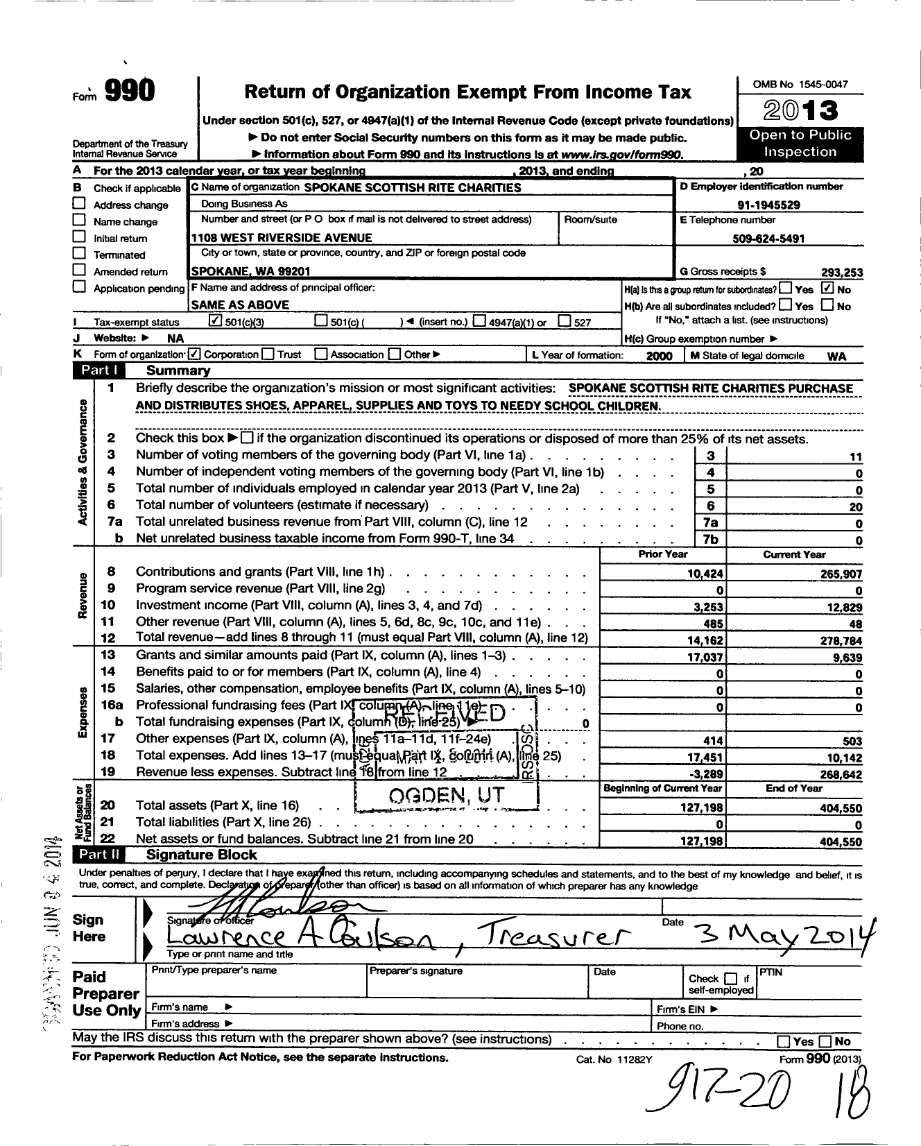 Image of first page of 2013 Form 990 for Spokane Scottish Rite Charities