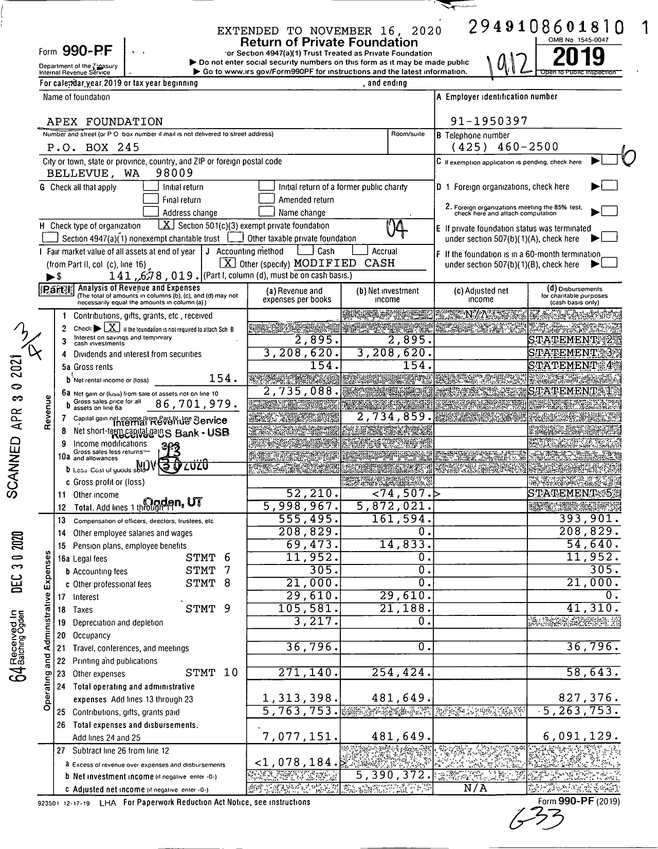 Image of first page of 2019 Form 990PF for Apex Foundation