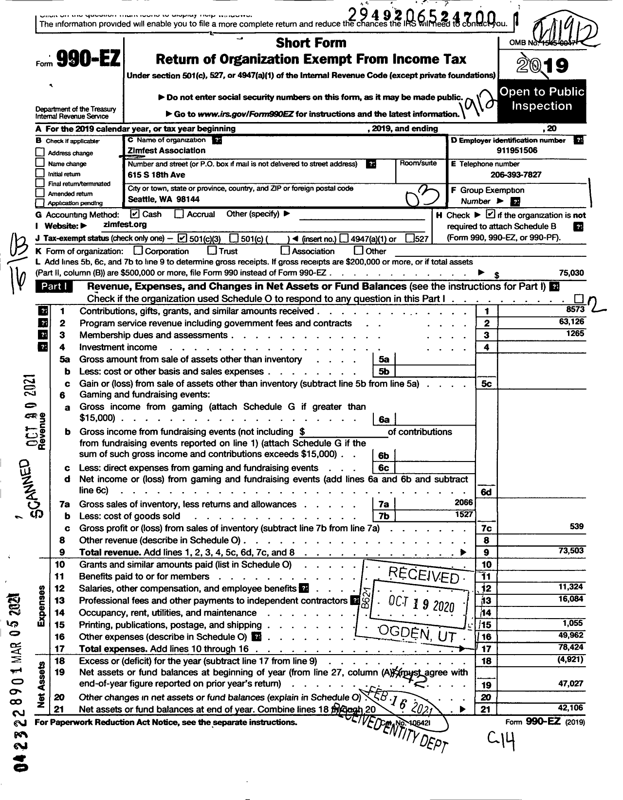 Image of first page of 2019 Form 990EZ for Zimfest Association