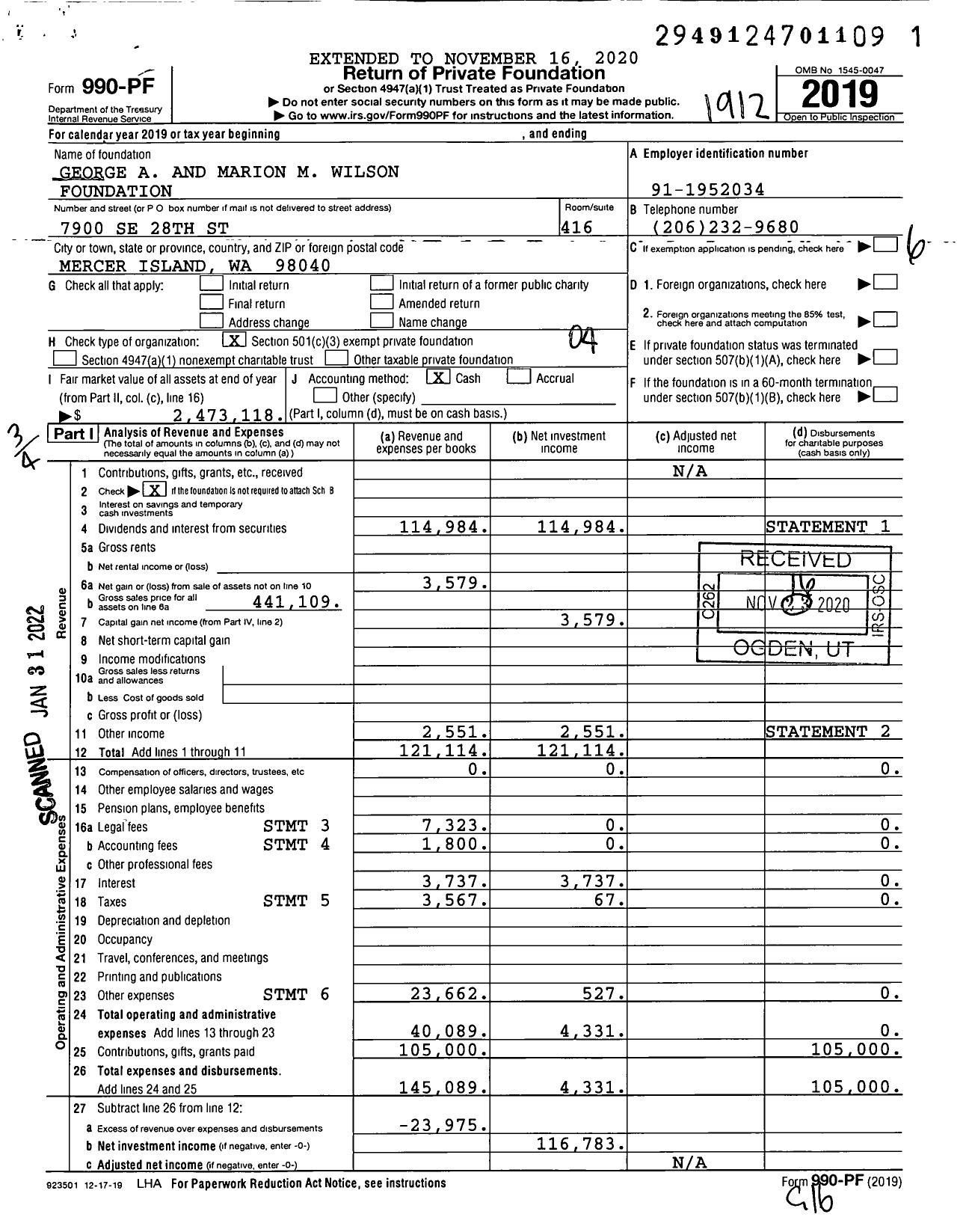 Image of first page of 2019 Form 990PF for George A and Marion M Wilson Foundation