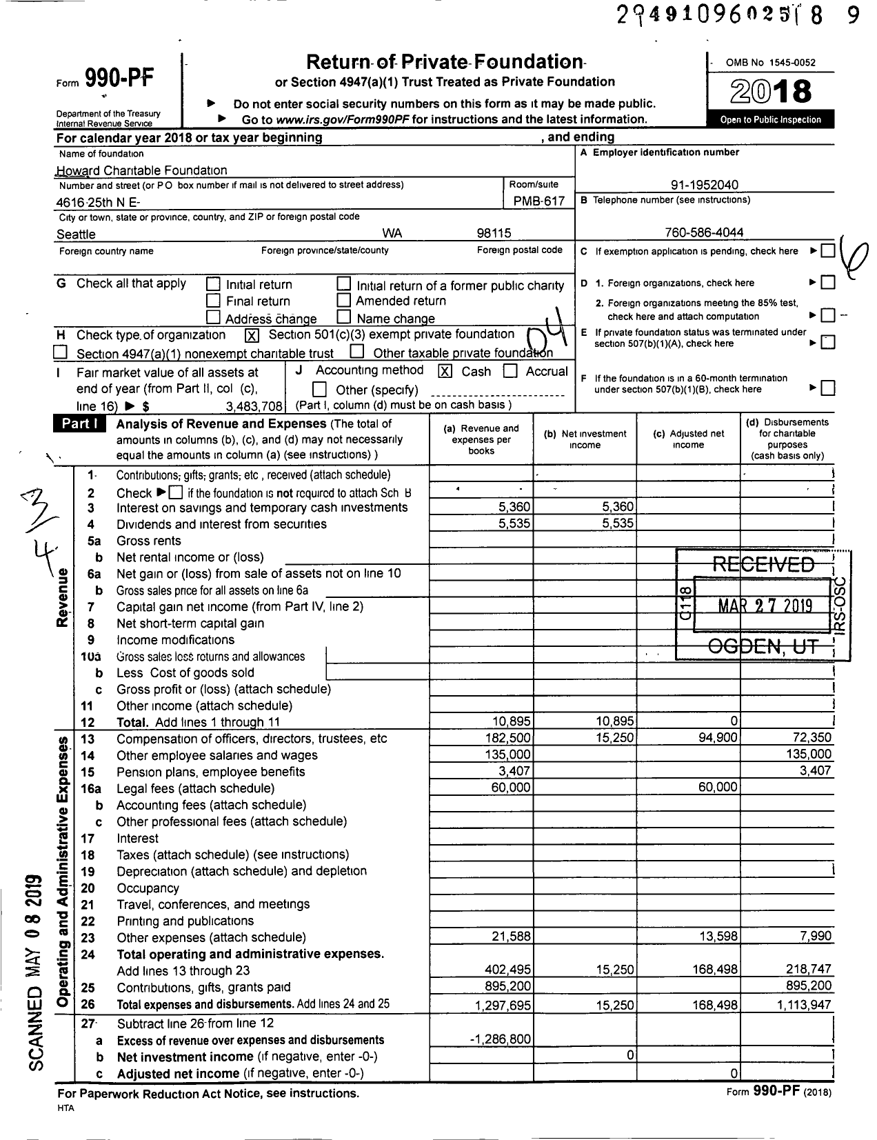 Image of first page of 2018 Form 990PF for Howard Charitable Foundation