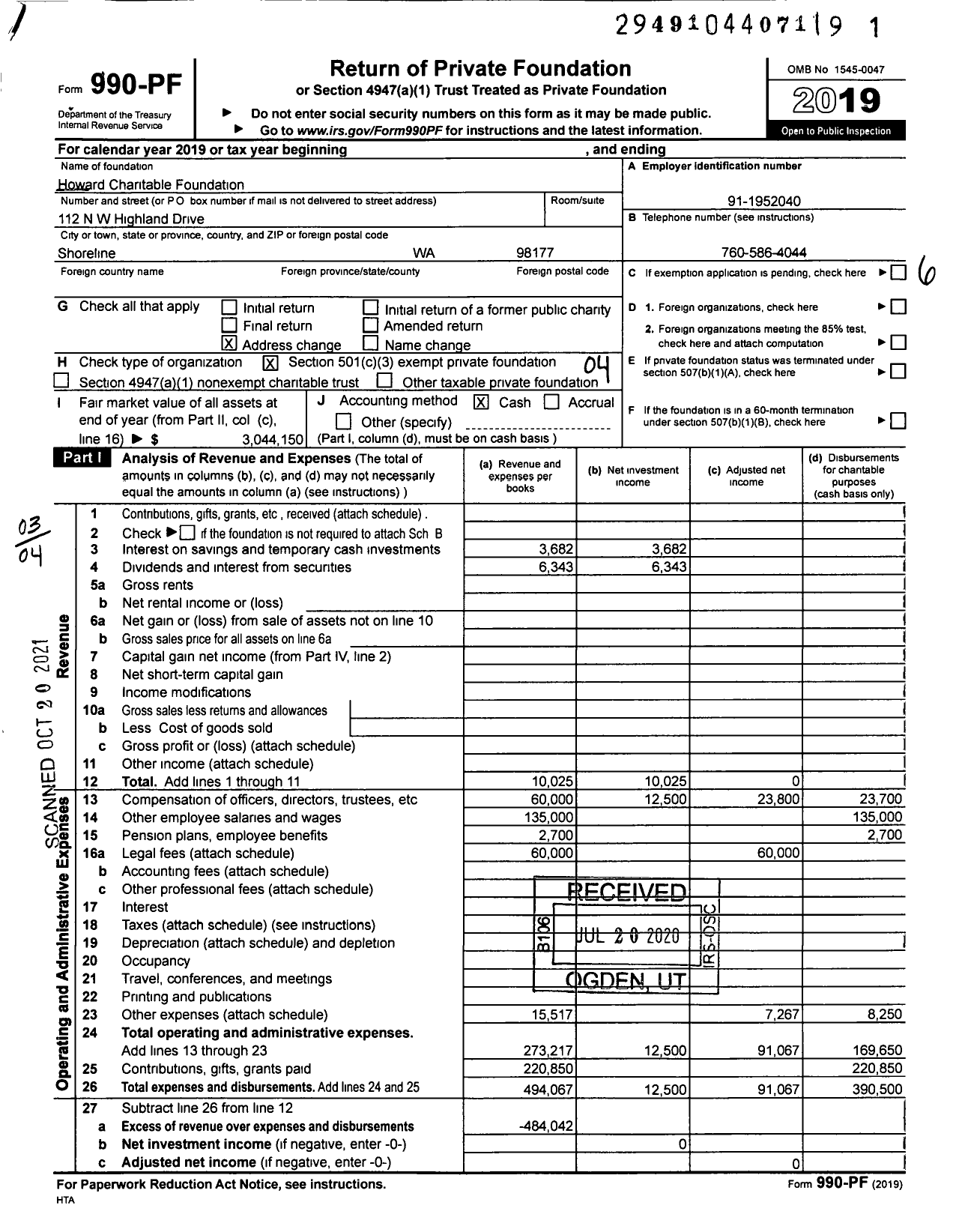 Image of first page of 2019 Form 990PF for Howard Charitable Foundation