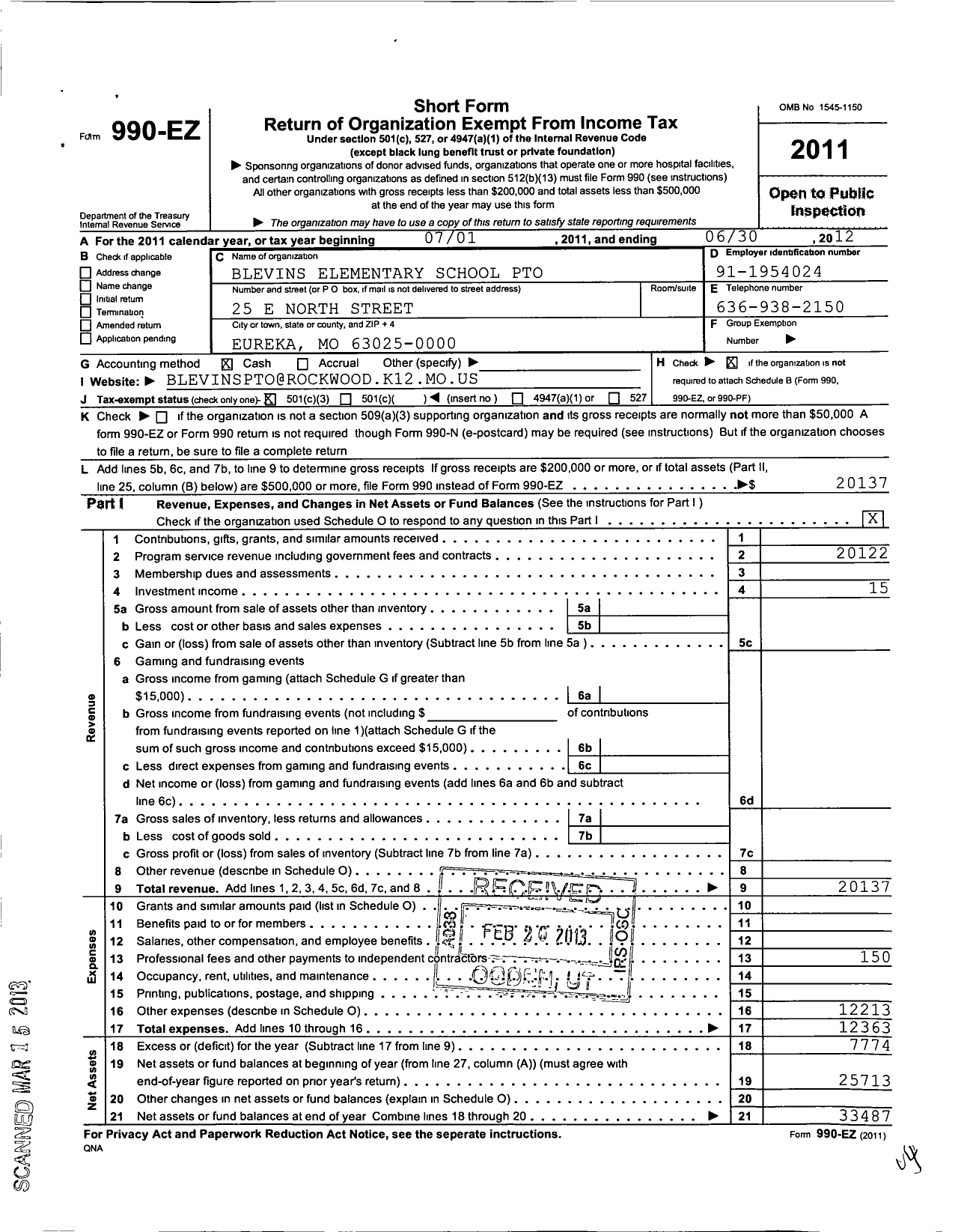 Image of first page of 2011 Form 990EZ for Rockwood Parent Teacher Organization Council / Blevins Elementary School Pto