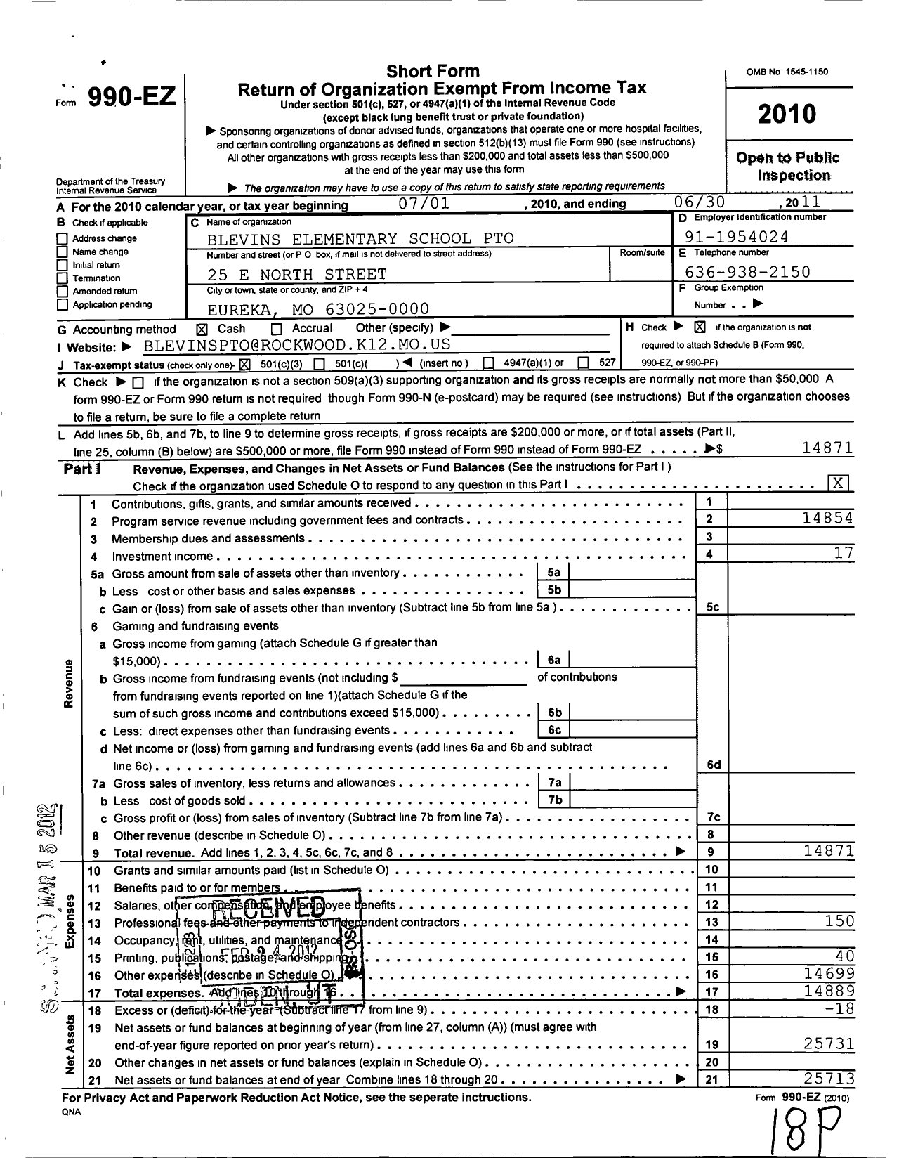 Image of first page of 2010 Form 990EZ for Rockwood Parent Teacher Organization Council / Blevins Elementary School Pto