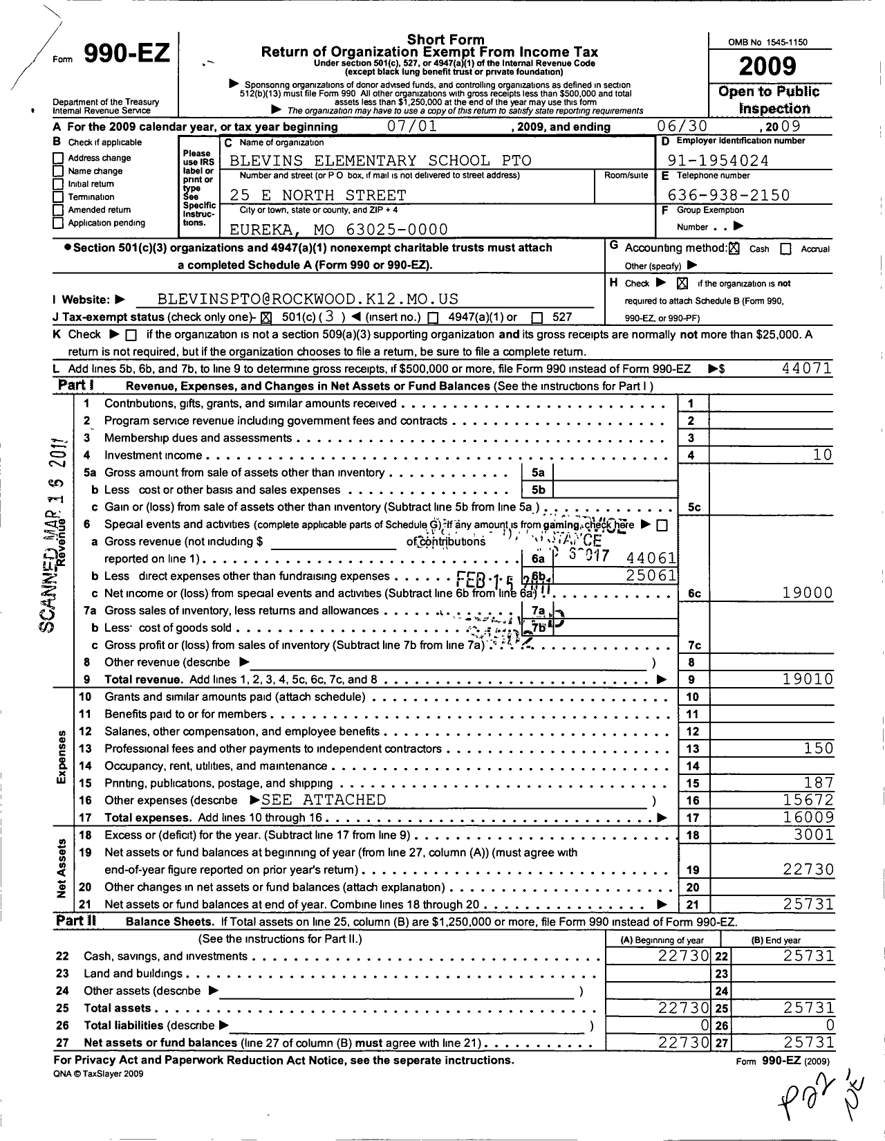 Image of first page of 2008 Form 990EZ for Rockwood Parent Teacher Organization Council / Blevins Elementary School Pto