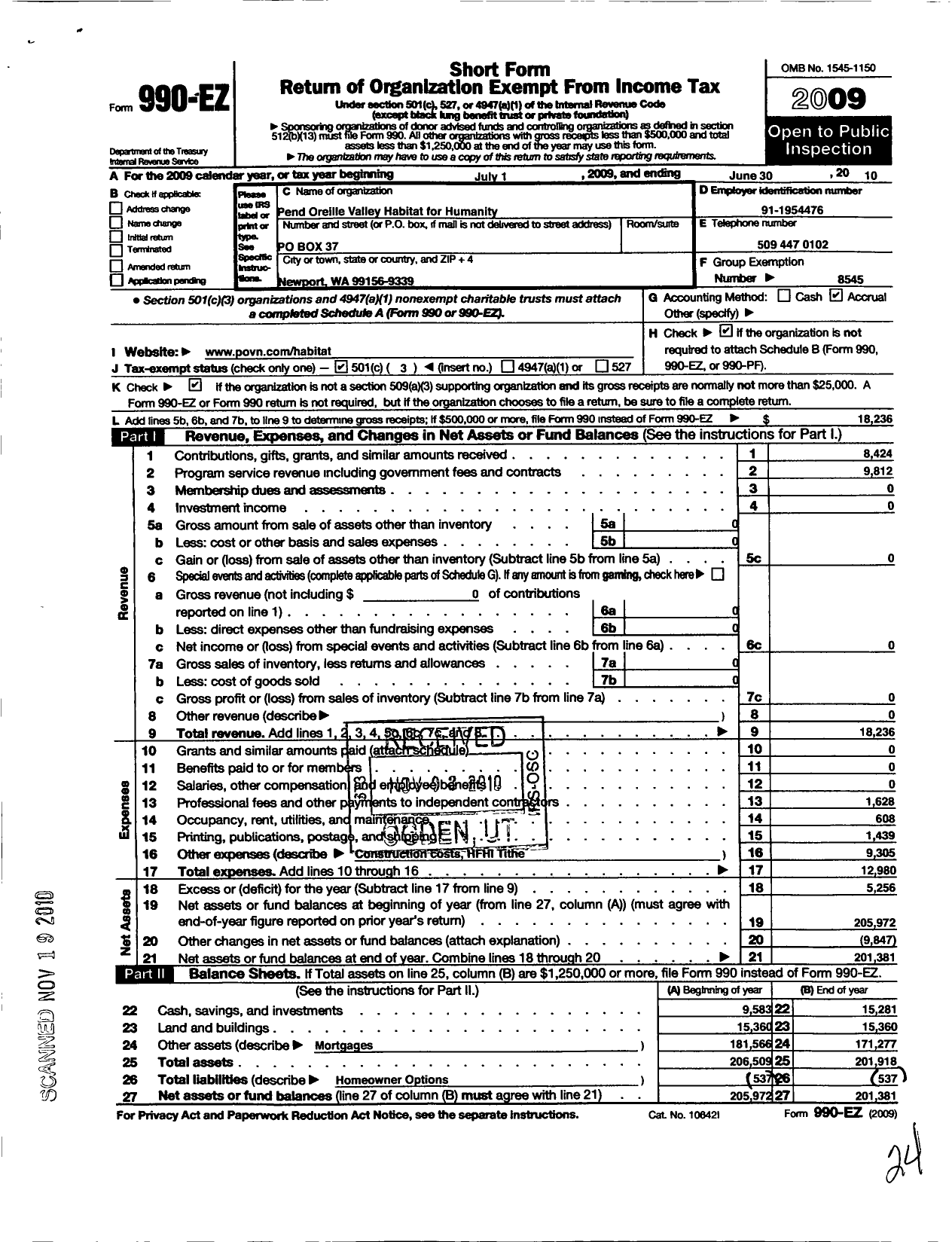 Image of first page of 2009 Form 990EZ for Habitat for Humanity - Pend Oreille Valley HFH