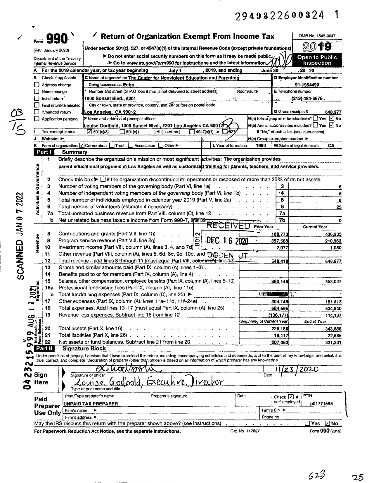 Image of first page of 2019 Form 990 for Echo / Center for Non-Violent Education & Parenting