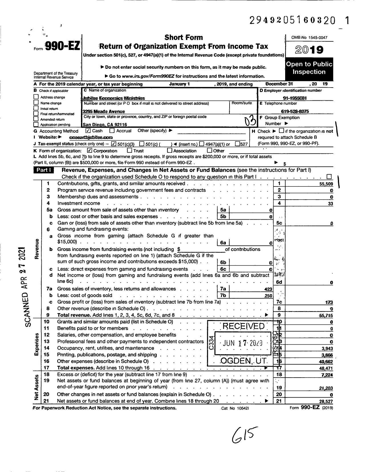 Image of first page of 2019 Form 990EZ for Jubilee Economics Ministries