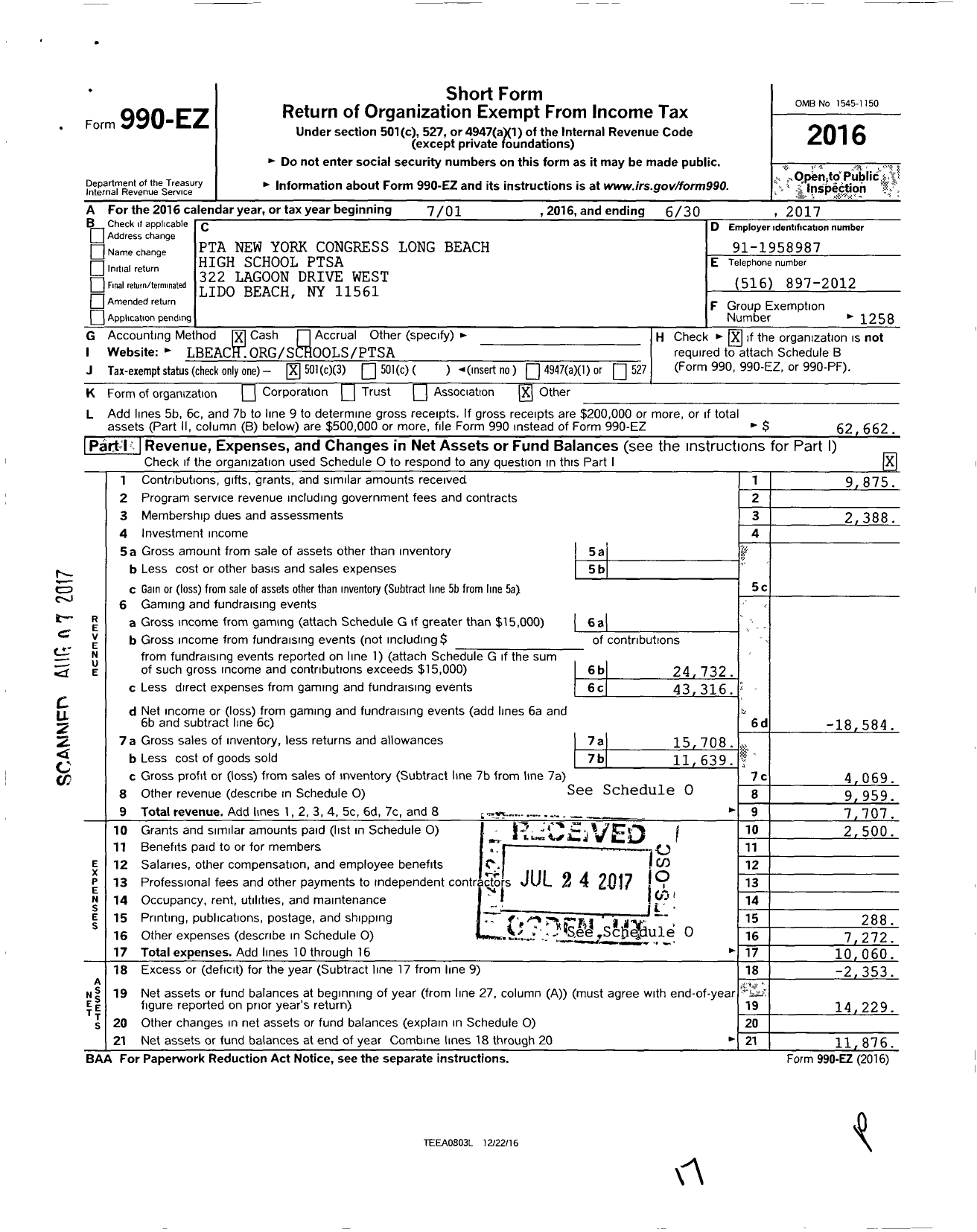 Image of first page of 2016 Form 990EZ for New York State PTA - 10-060 Long Beach High School Ptsa