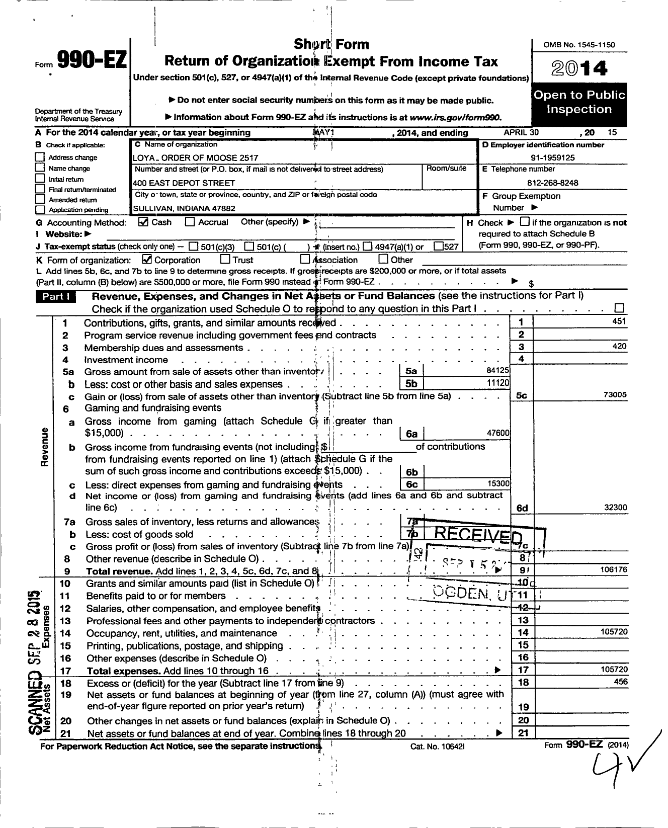 Image of first page of 2014 Form 990EO for Loyal Order of Moose - Club