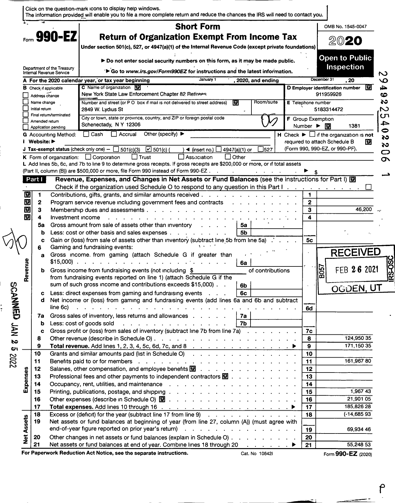 Image of first page of 2020 Form 990EO for American Federation of State County & Municipal Employees - R0082ny Ny St Sec Law Enforce Ret