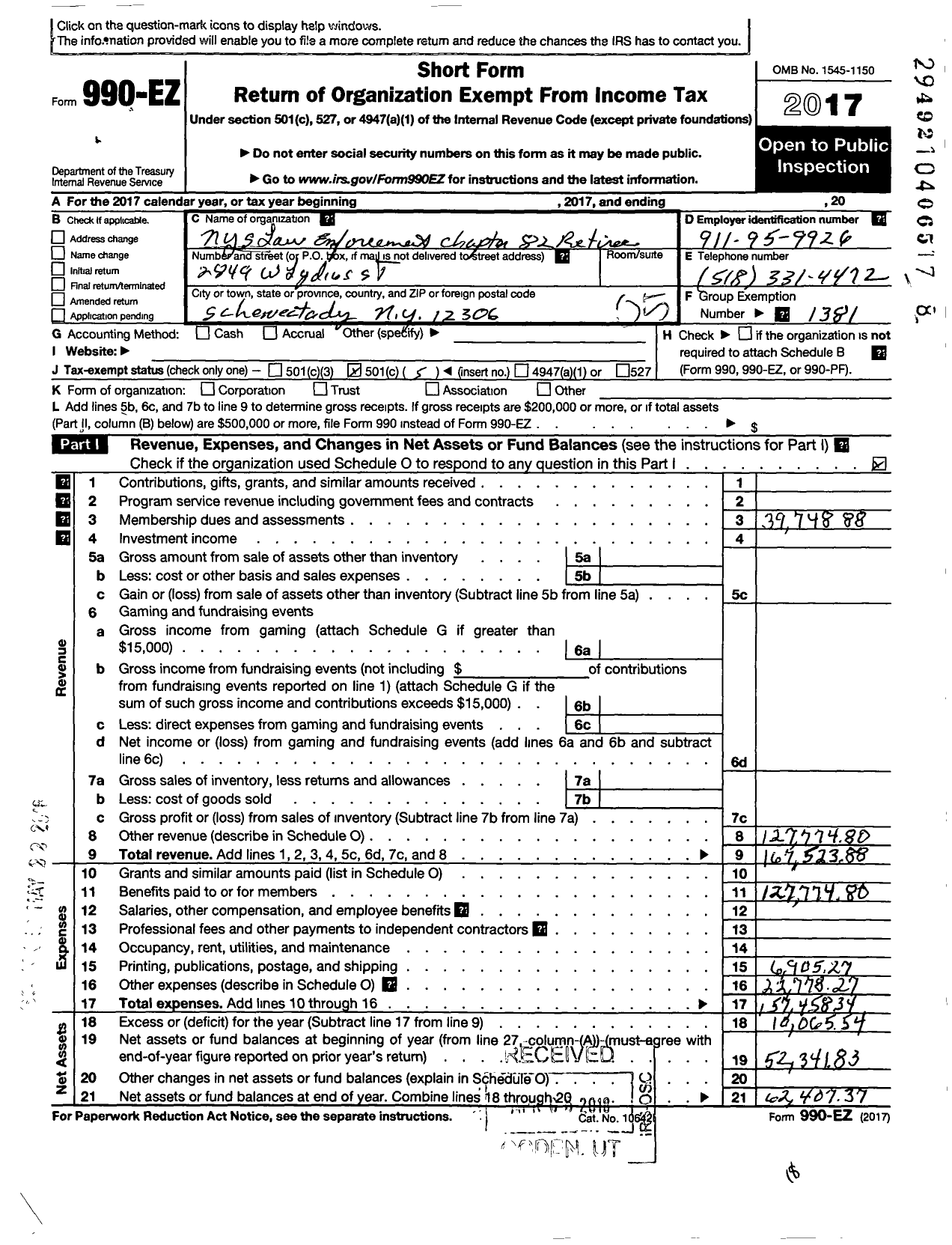 Image of first page of 2017 Form 990EO for American Federation of State County & Municipal Employees - R0082ny Ny St Sec Law Enforce Ret