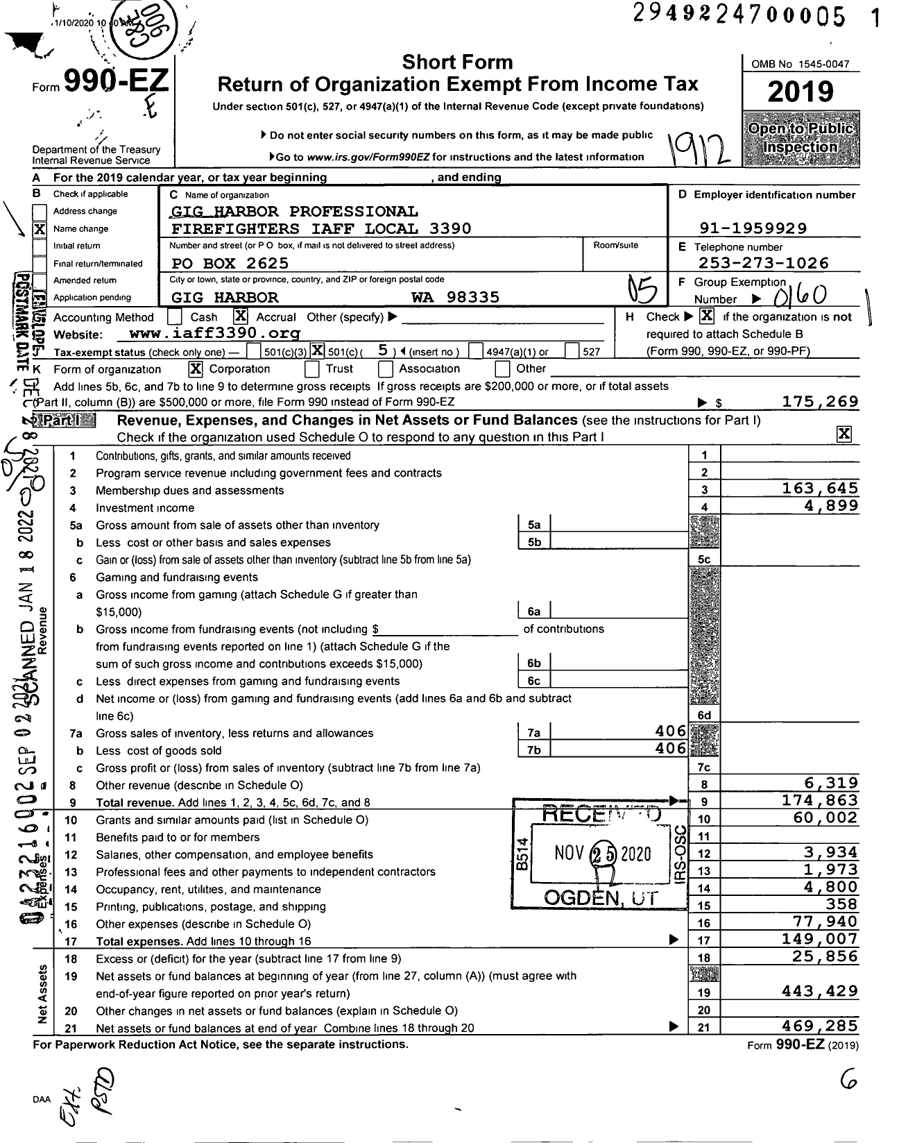 Image of first page of 2019 Form 990EO for International Association of Fire Fighters - L3390 Gig Harbor Prof Firefighters