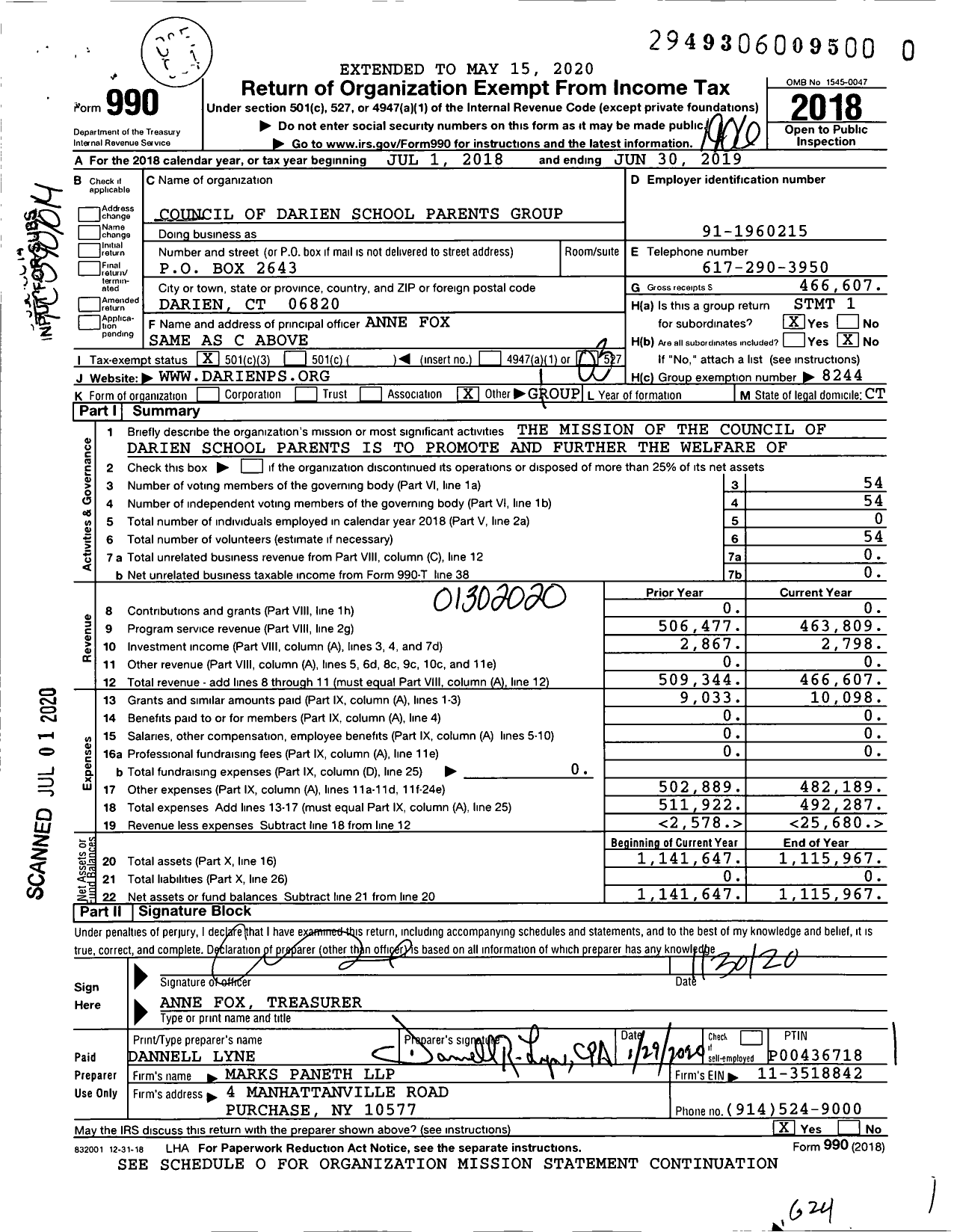 Image of first page of 2018 Form 990 for Council of Darien School Parents Group