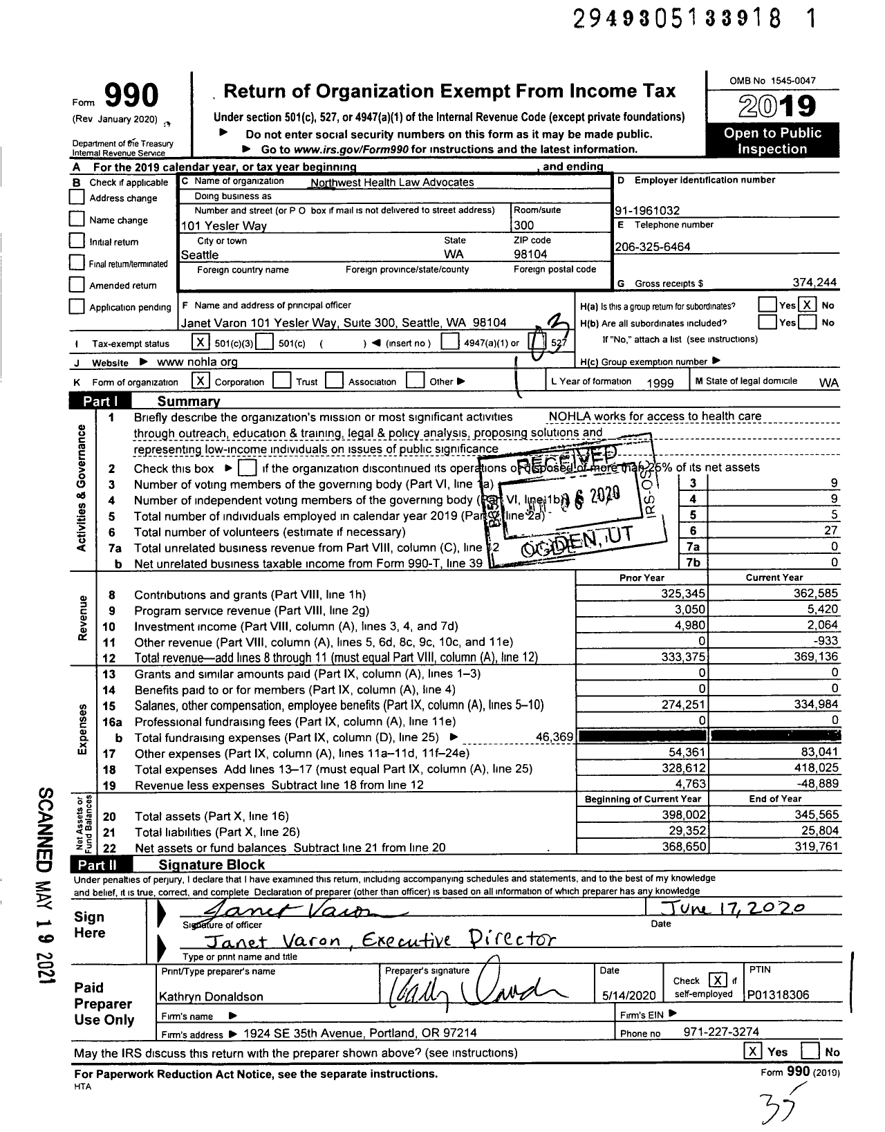 Image of first page of 2019 Form 990 for Northwest Health Law Advocates