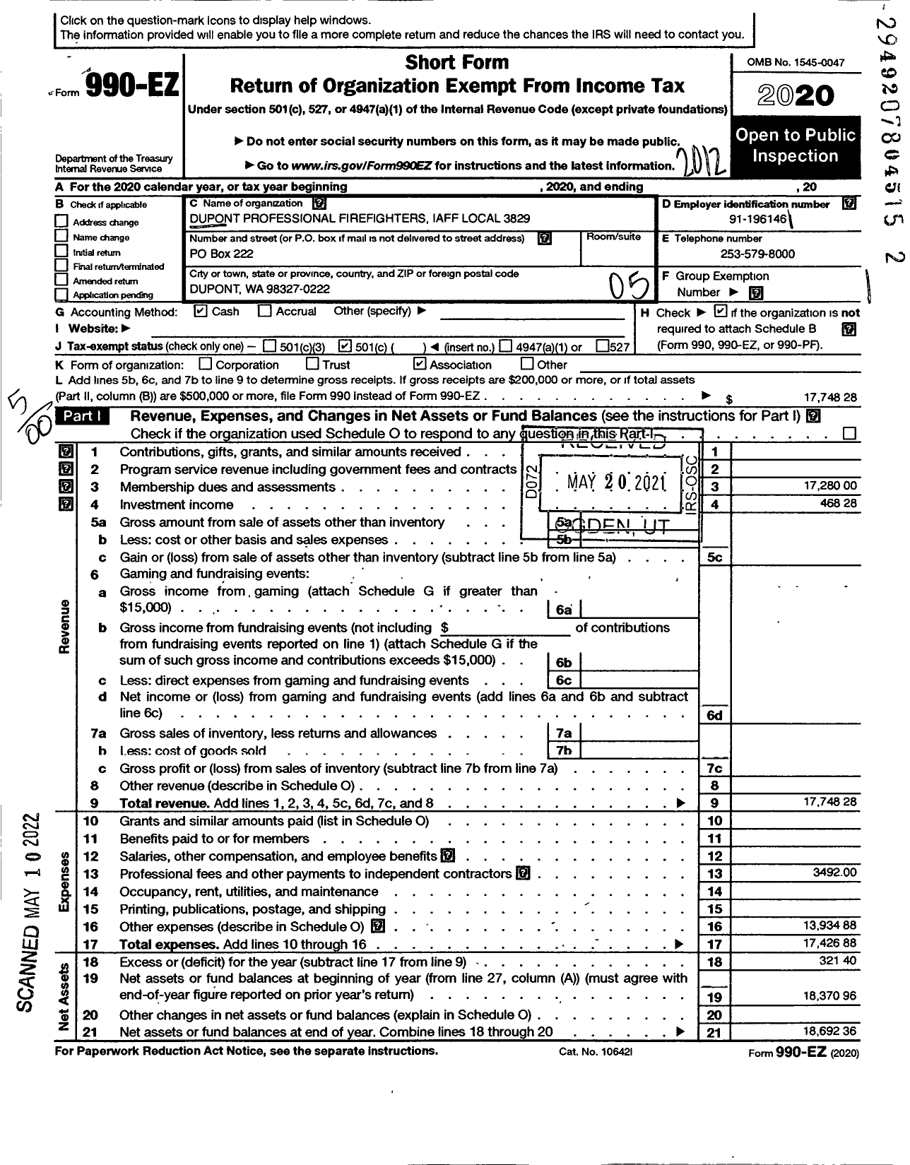 Image of first page of 2020 Form 990EO for International Association of Fire L3829 Dupont