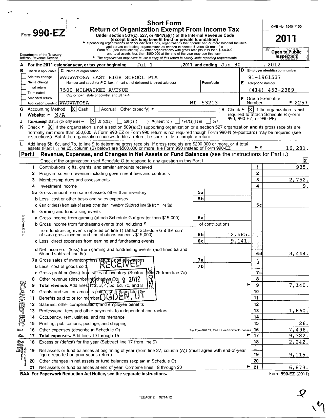 Image of first page of 2011 Form 990EZ for PTA Wisconsin Congress / Wauwatosa East High School Ptsa