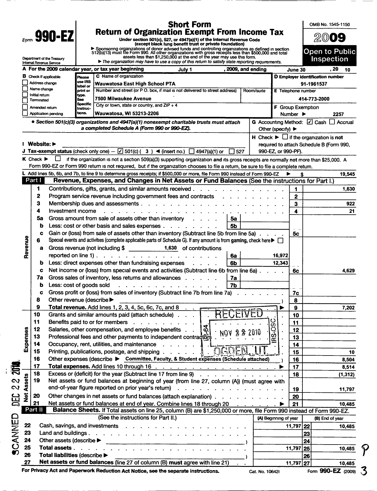 Image of first page of 2009 Form 990EZ for PTA Wisconsin Congress / Wauwatosa East High School Ptsa