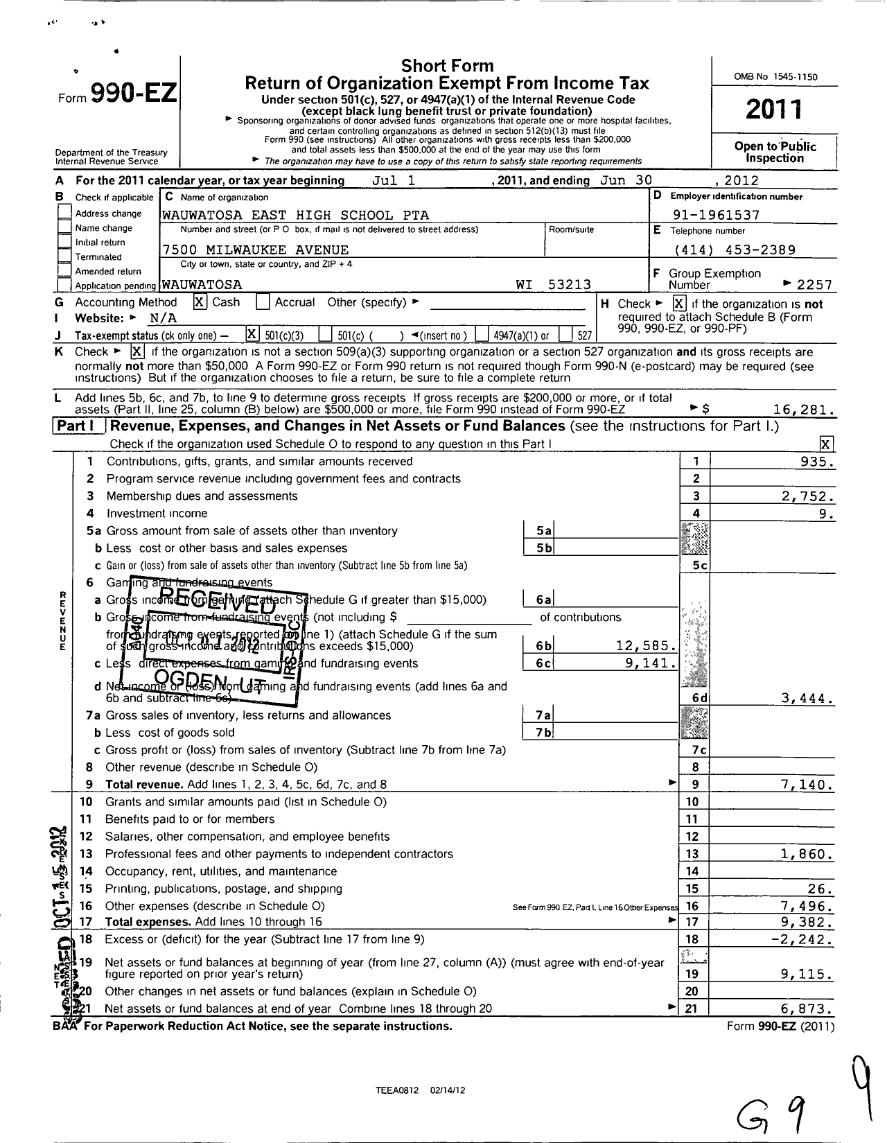 Image of first page of 2011 Form 990EZ for PTA Wisconsin Congress / Wauwatosa East High School Ptsa