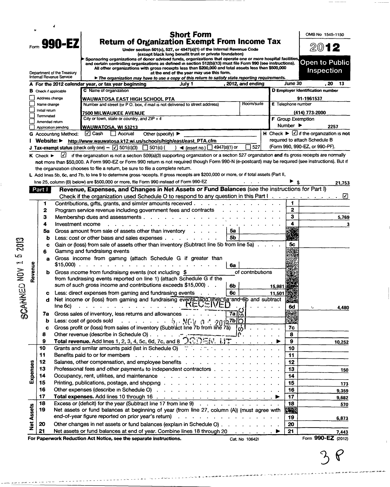 Image of first page of 2012 Form 990EZ for PTA Wisconsin Congress / Wauwatosa East High School Ptsa