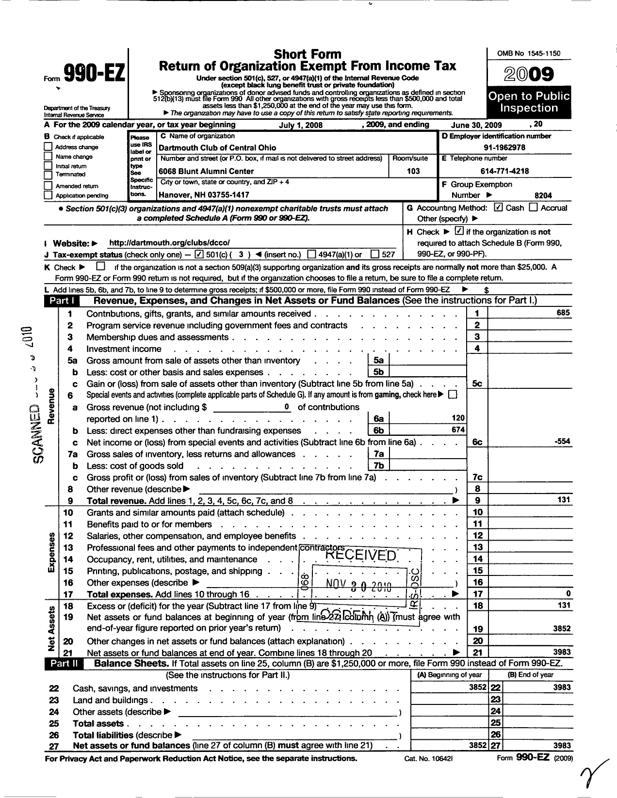 Image of first page of 2008 Form 990EZ for Trustees of Dartmouth College / Dartmouth Club of Central Ohio